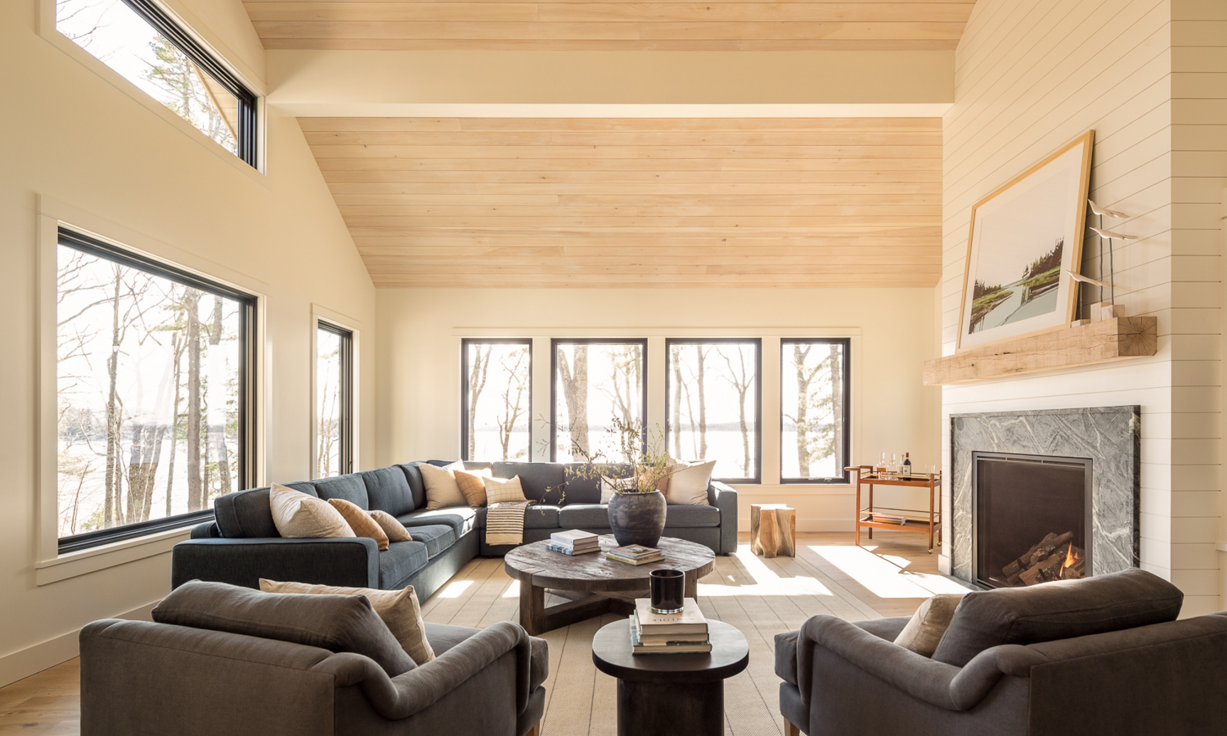 Cathedral ceiling, waterfront home, maine architecture