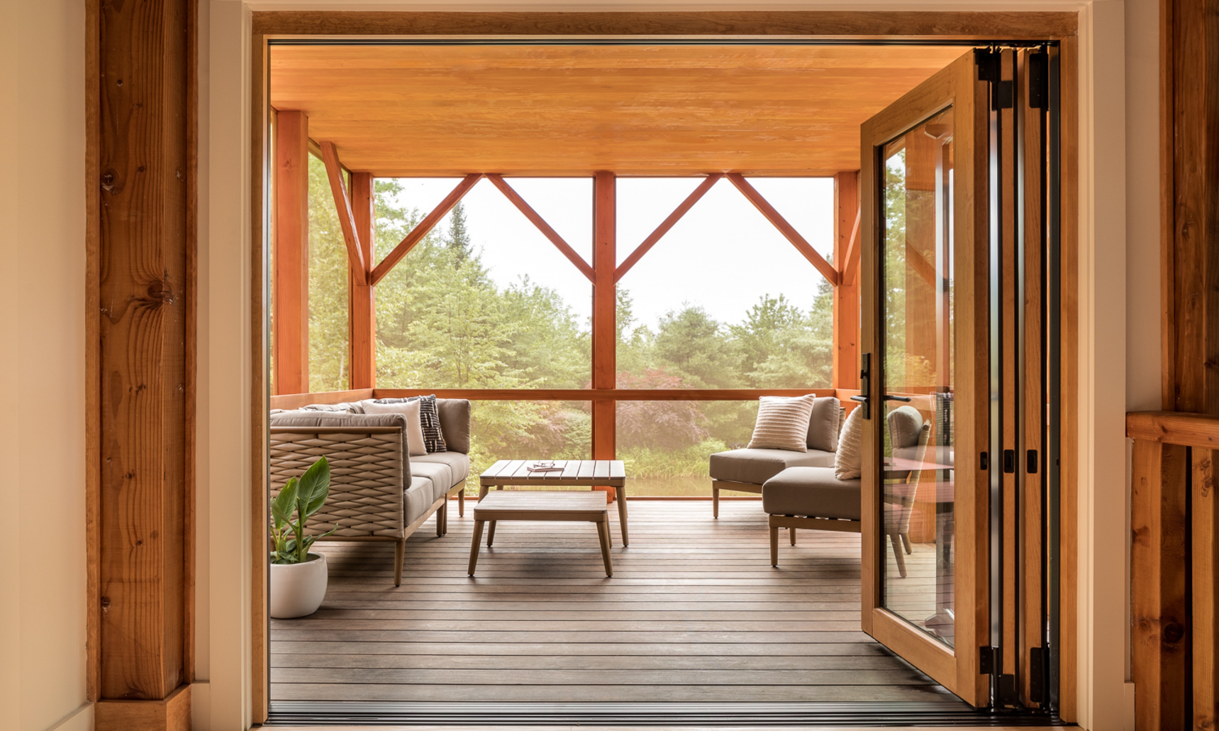 Screened porch, cedar, ipe decking, big doors