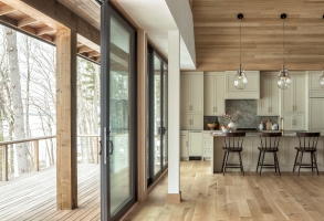 sliding doors, maine architecture, treehouse, big doors, open plan