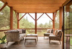 Screened porch, cedar finish, ipe decking, maine architecture