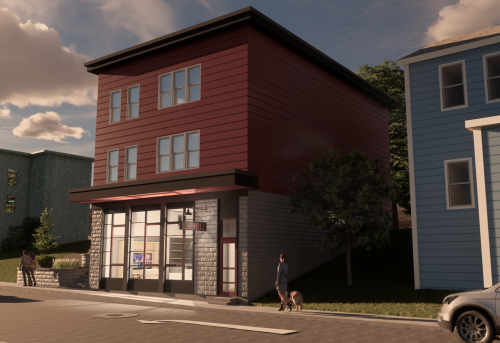 Exterior rendering, storefront, maine architecture, adaptive reuse