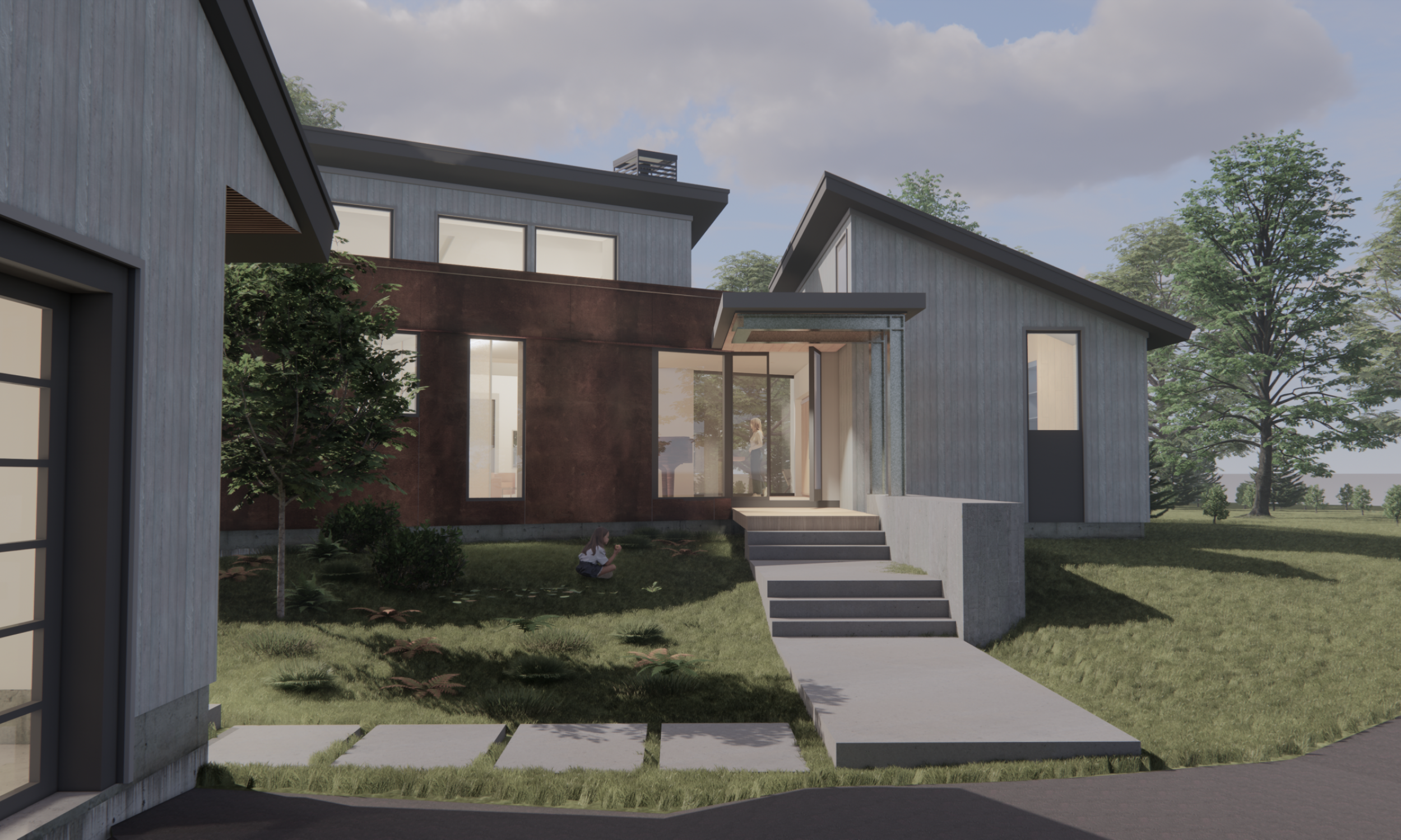 front entry, corten steel, modern home, clerestory windows, green roof