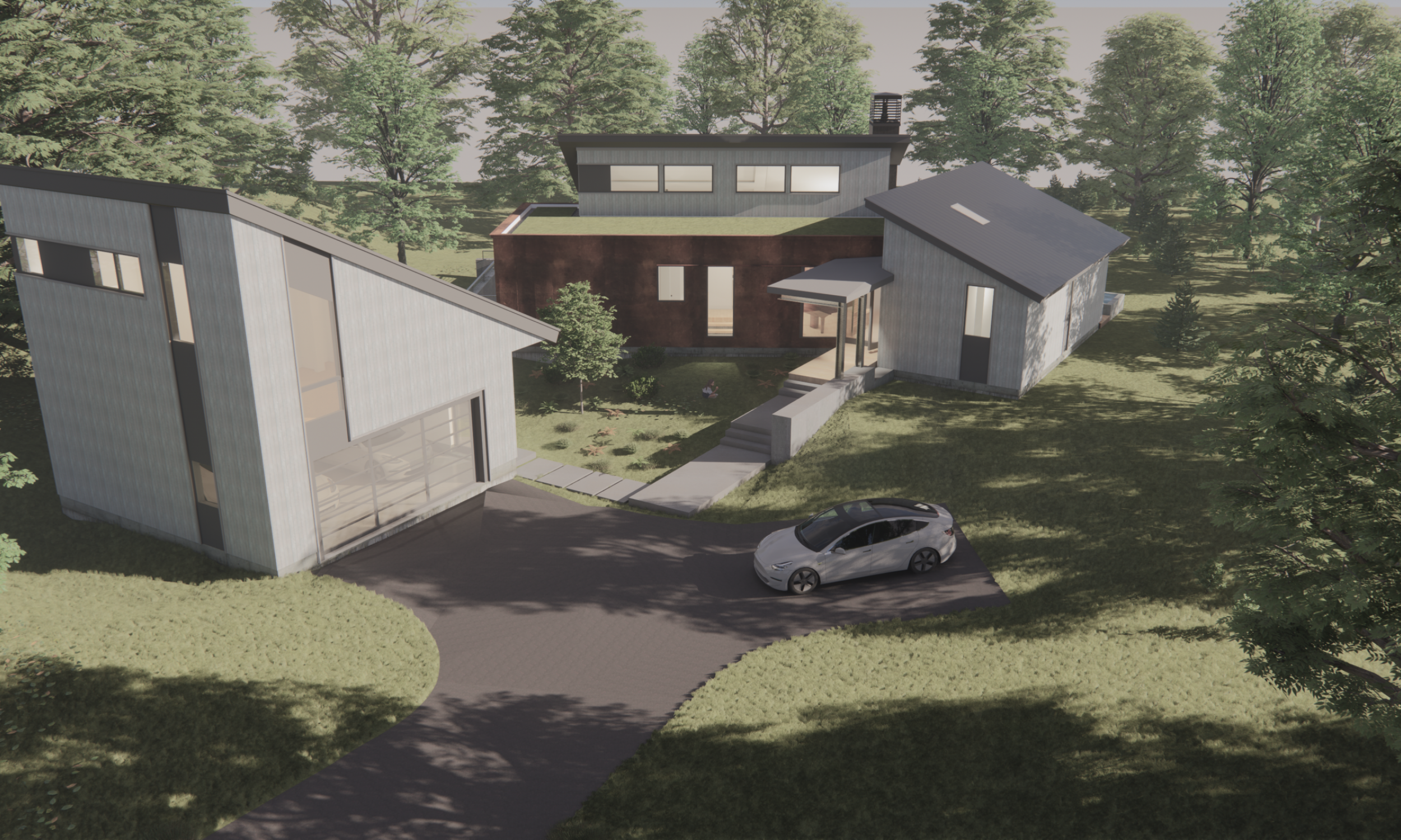 Aerial view of entry aerial rendering, green roof, architecture, maine architect
