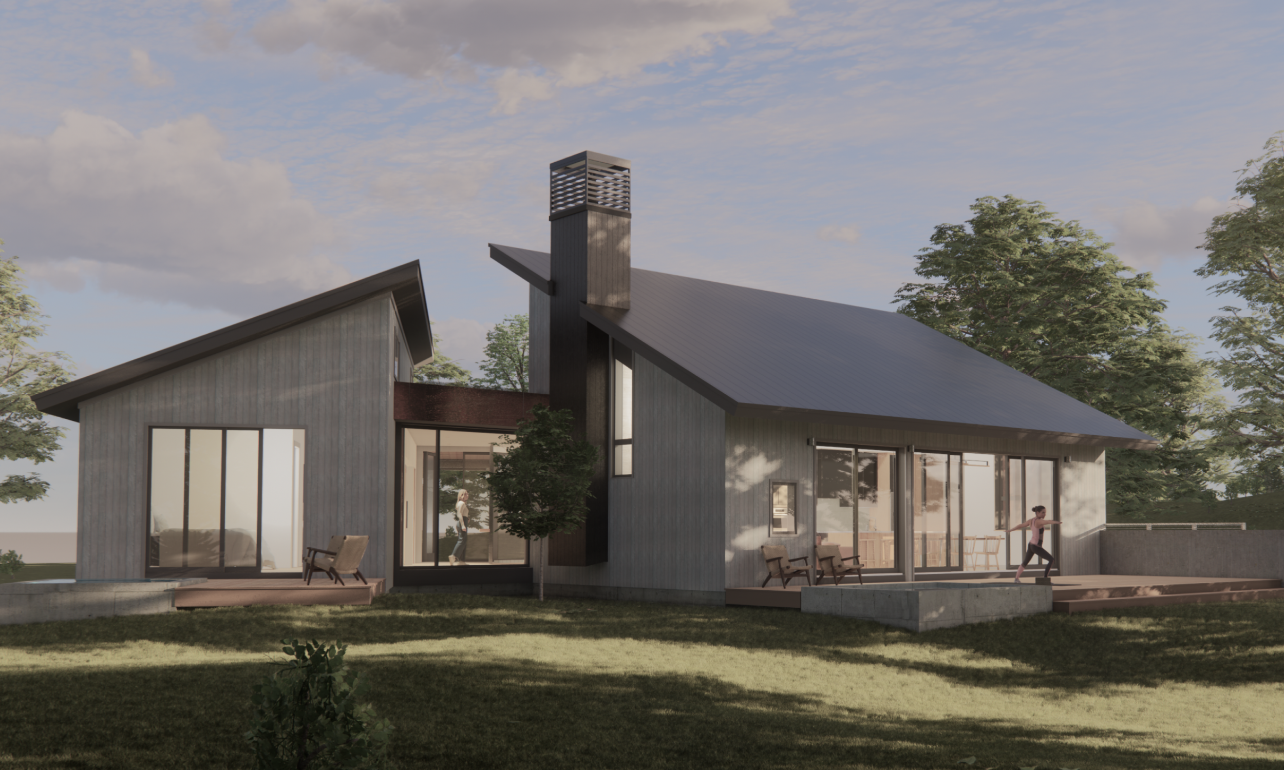 rendering of back yard modern home, maine architect, maine architecture, high performance