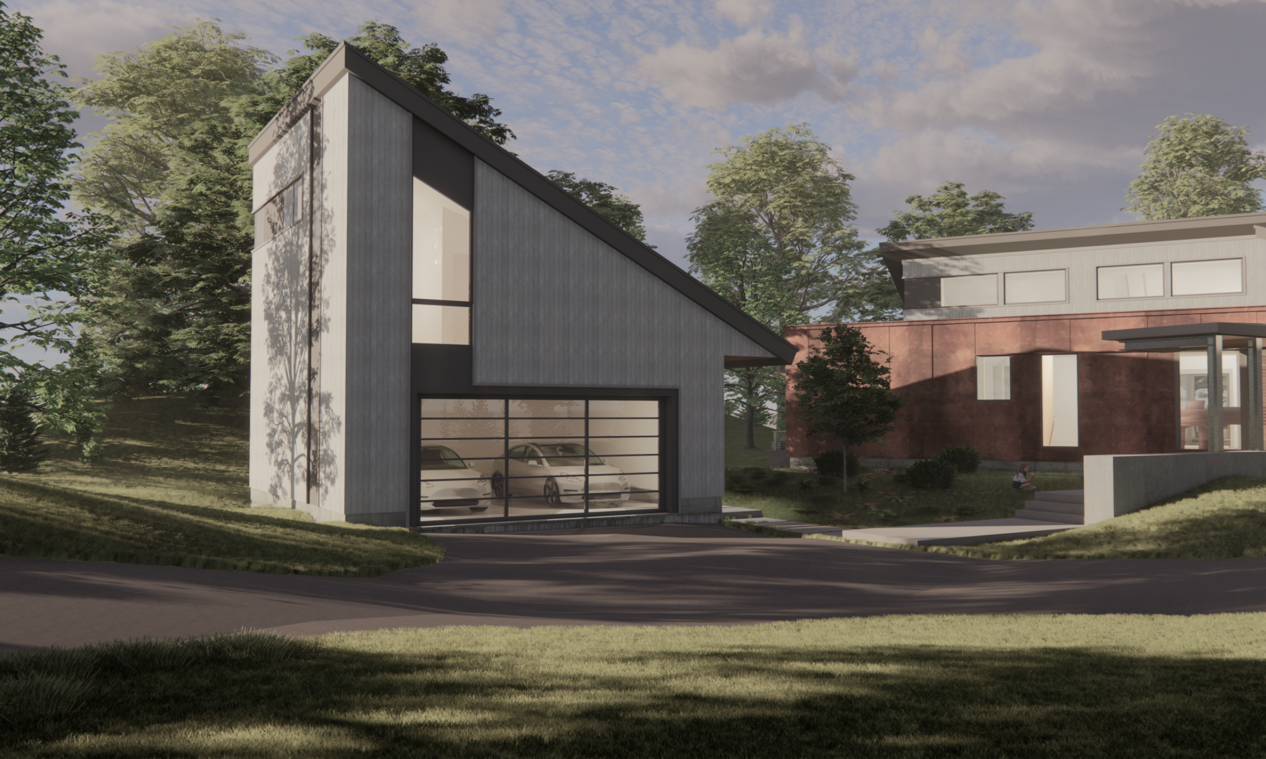 modern garage,front entry, corten steel, modern home, clerestory windows, green roof