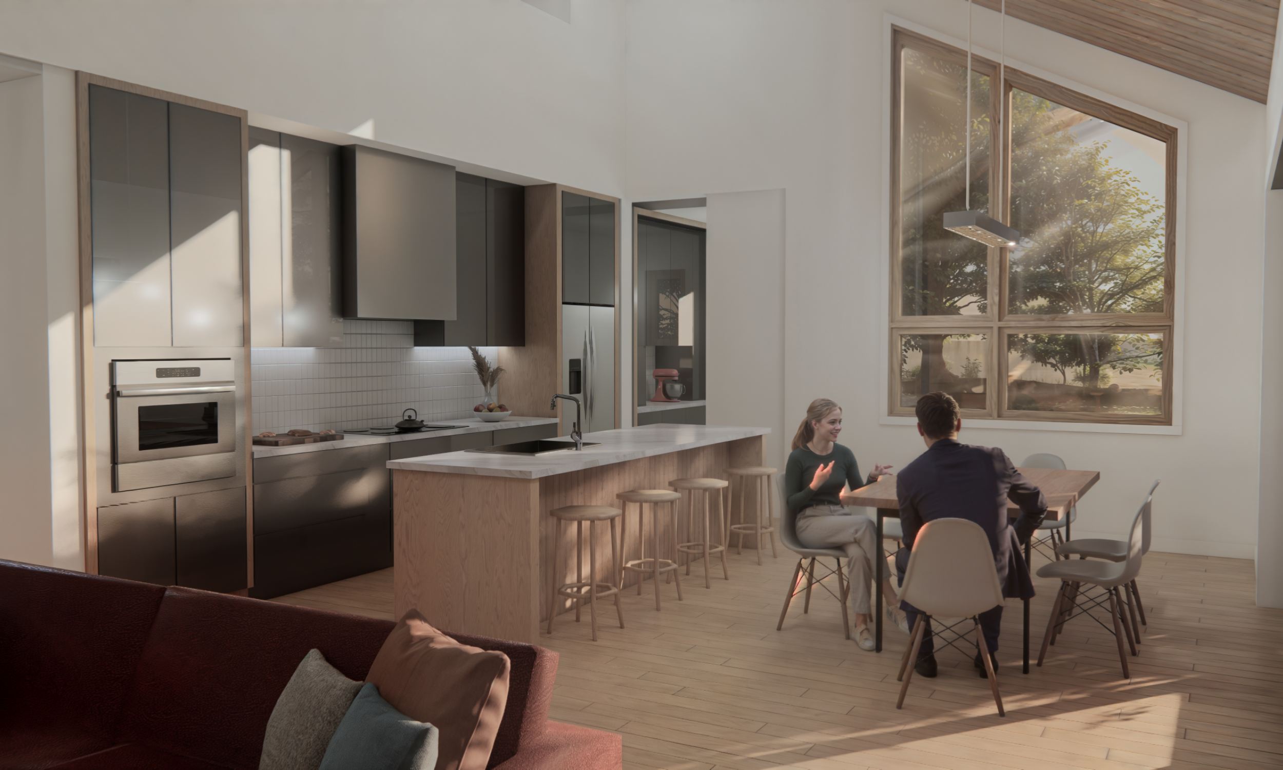 Interior rendering, modern kitchen, vaulting living room