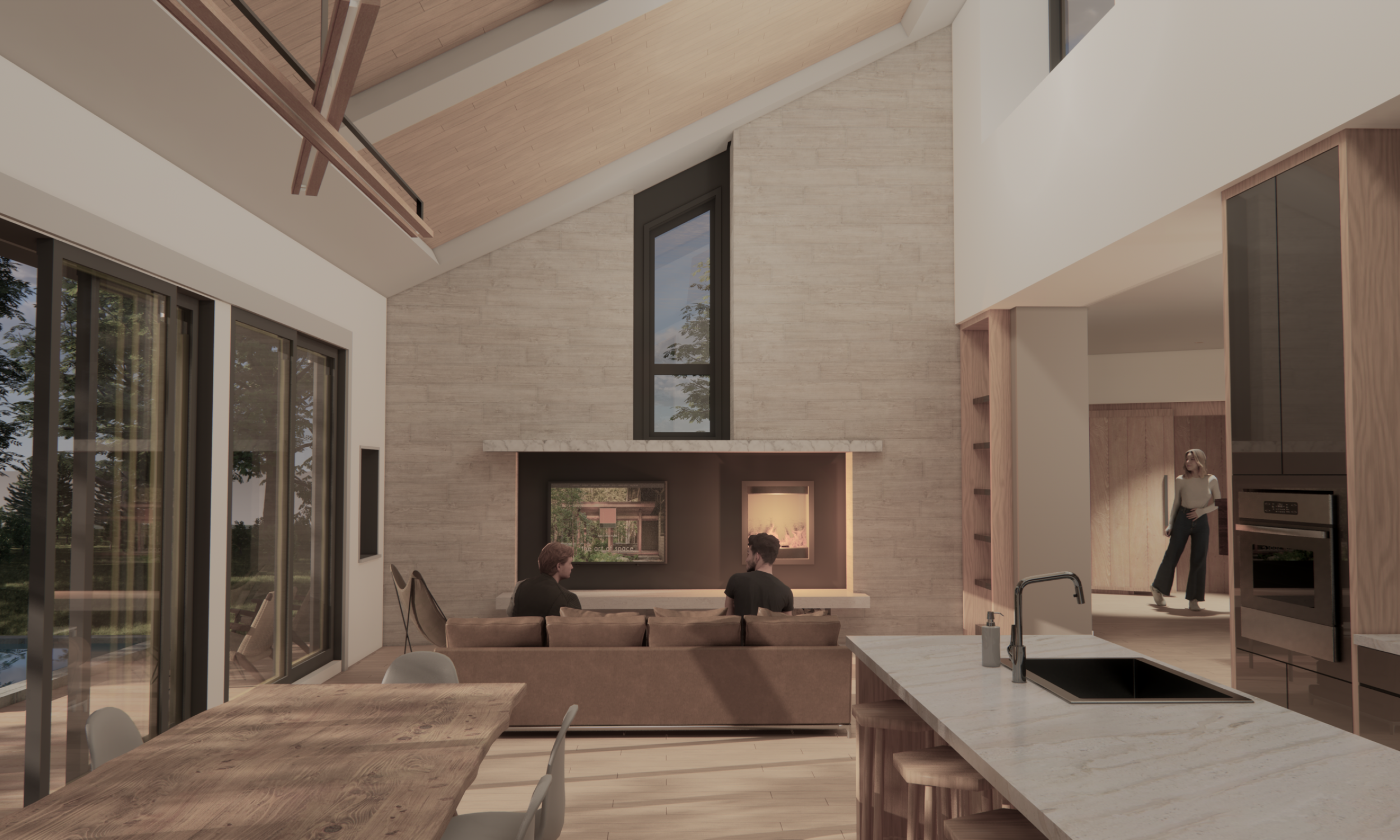 Proposed open plan living space Interior Rendering, stone wall, open plan