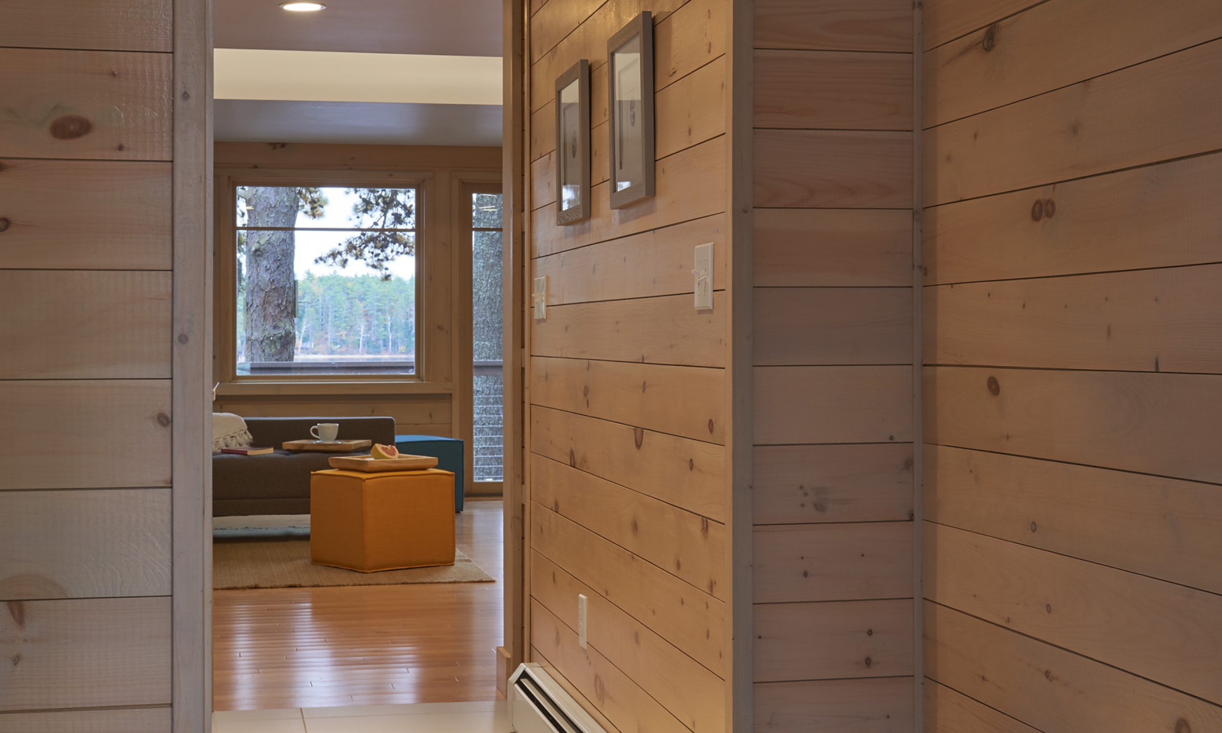 Entry Hall Nickel Gap Pine, white wash stain, porcelain tile floor, Entry hall, Maine Architect