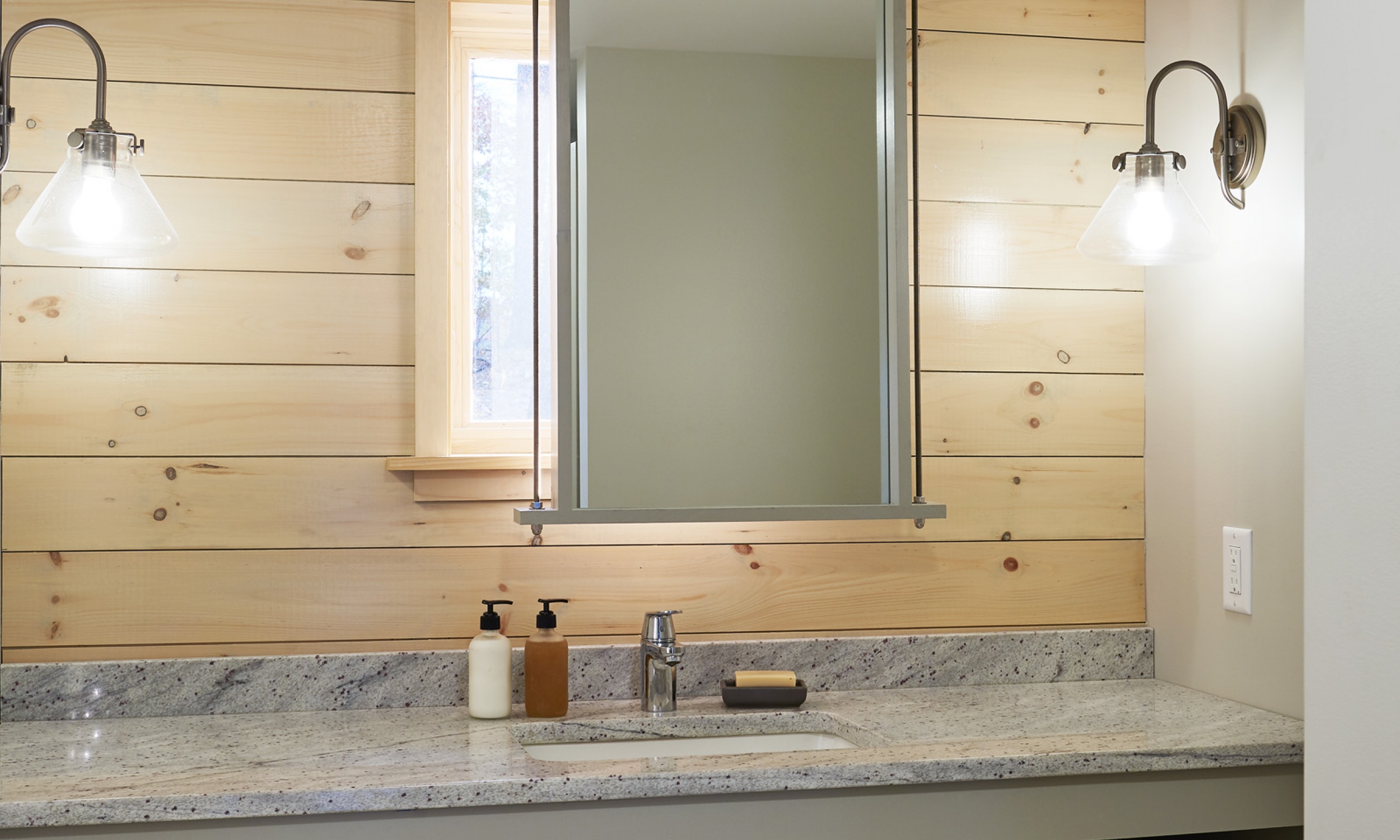 Bathroom Custom designed mirror, Nickel Gap Pine, Granite counter