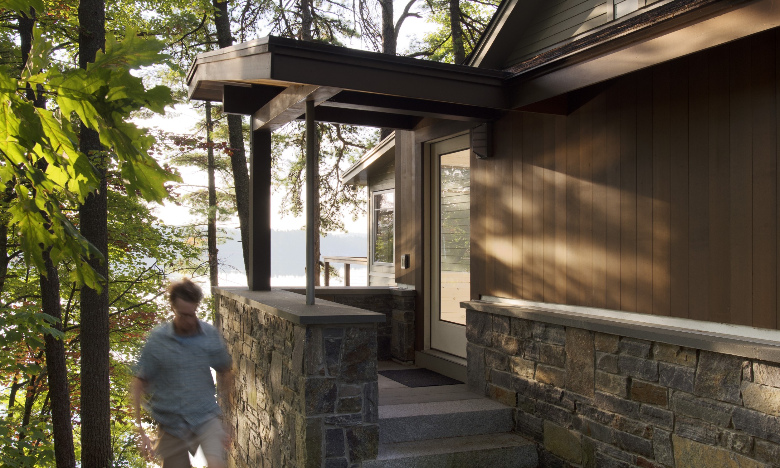 Side Entrance, Red cedar, entry roof, Maine Architect, Stone steps, Lake front, Mousam lake