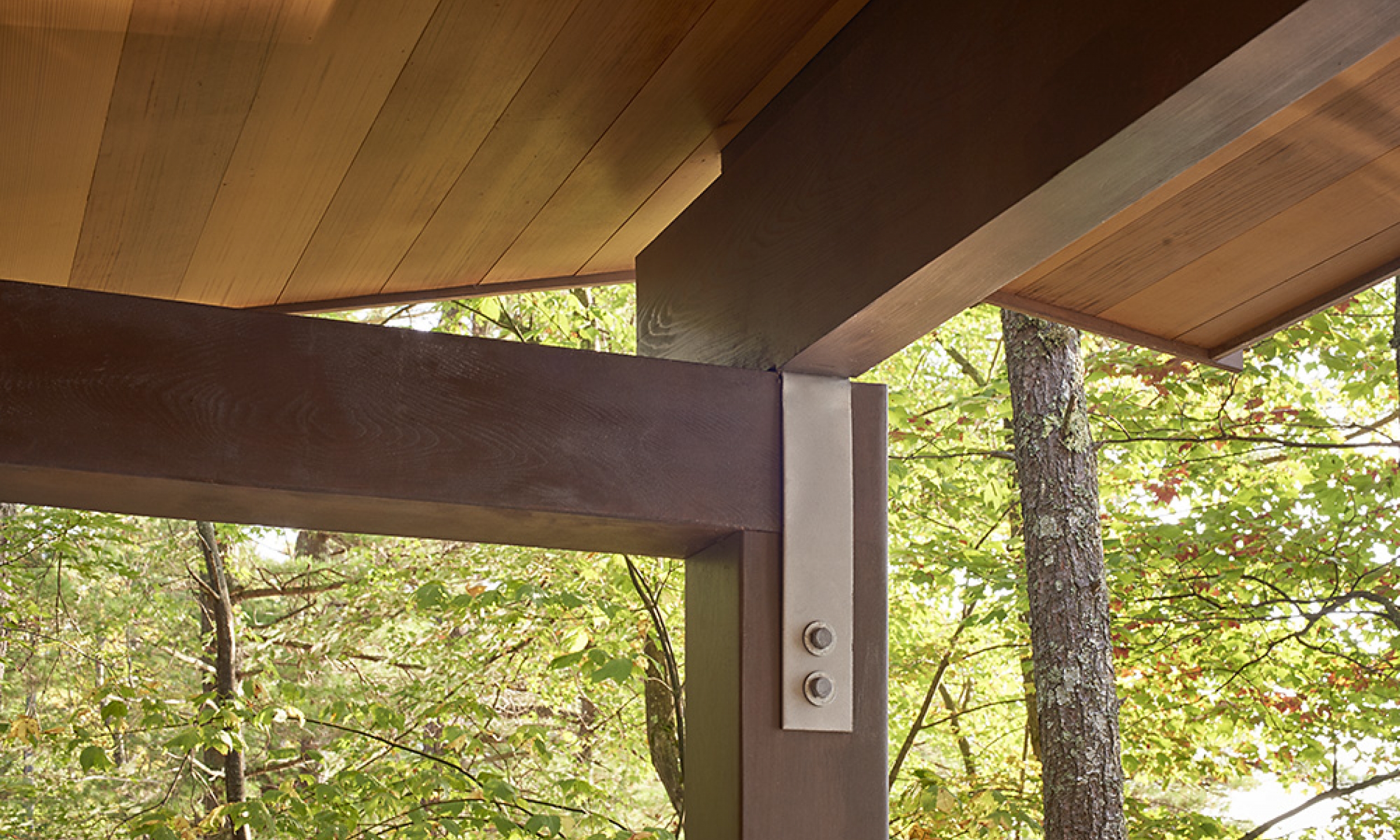 Side Porch roof detail Timber detail, cedar beams, cedar ceiling, Maine Architect, Simpson hanger