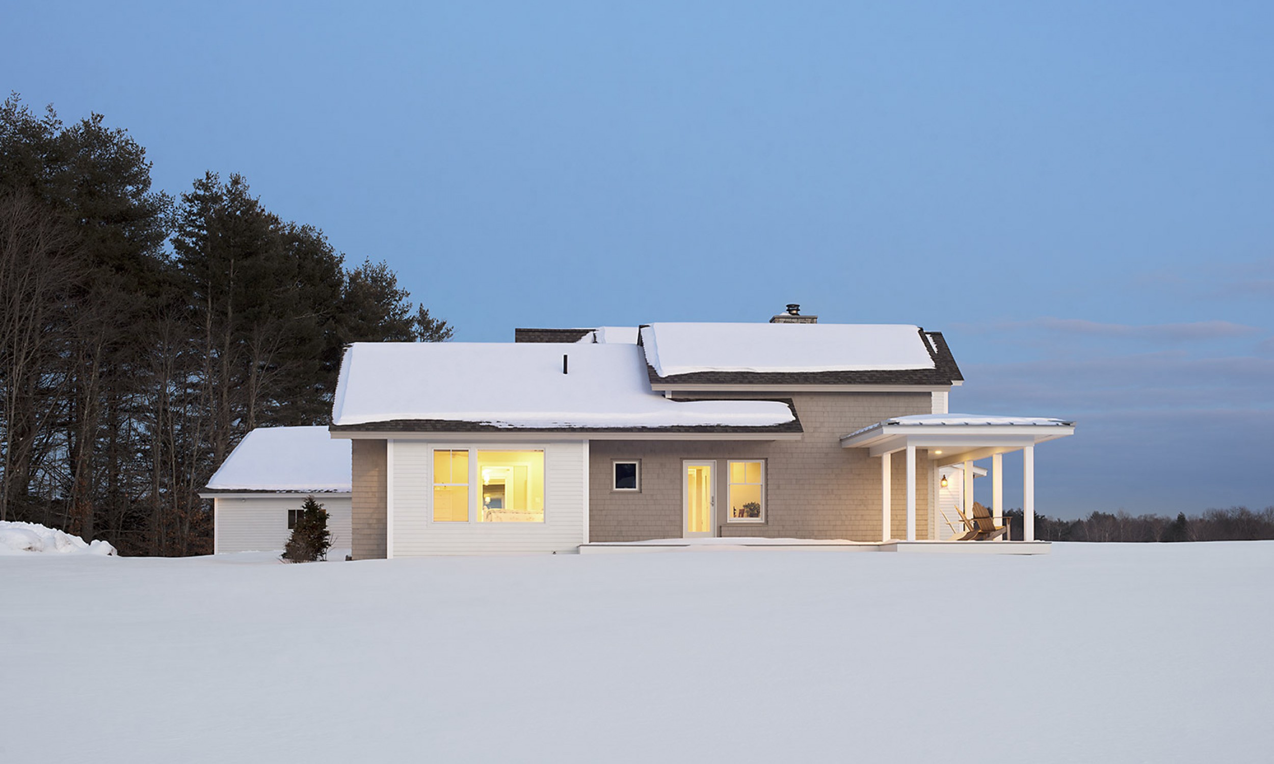 Winter House, cedar shingles, modern farmhouse, Maine Architect