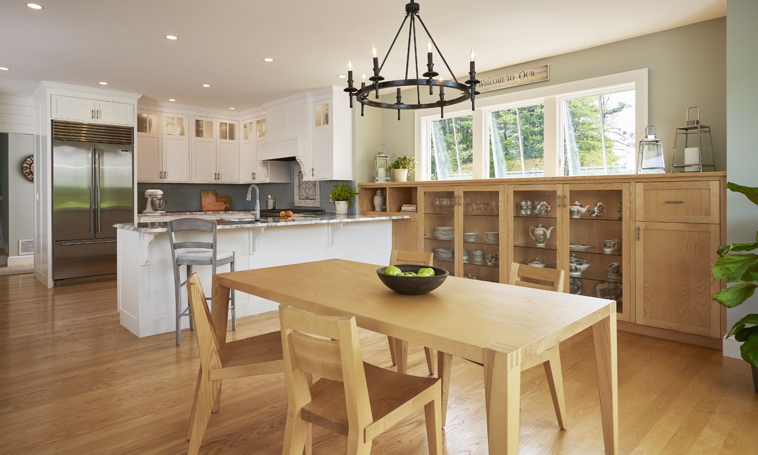 Dining Room, Tula table, Angela Adams, open kitchen, Maine Architect