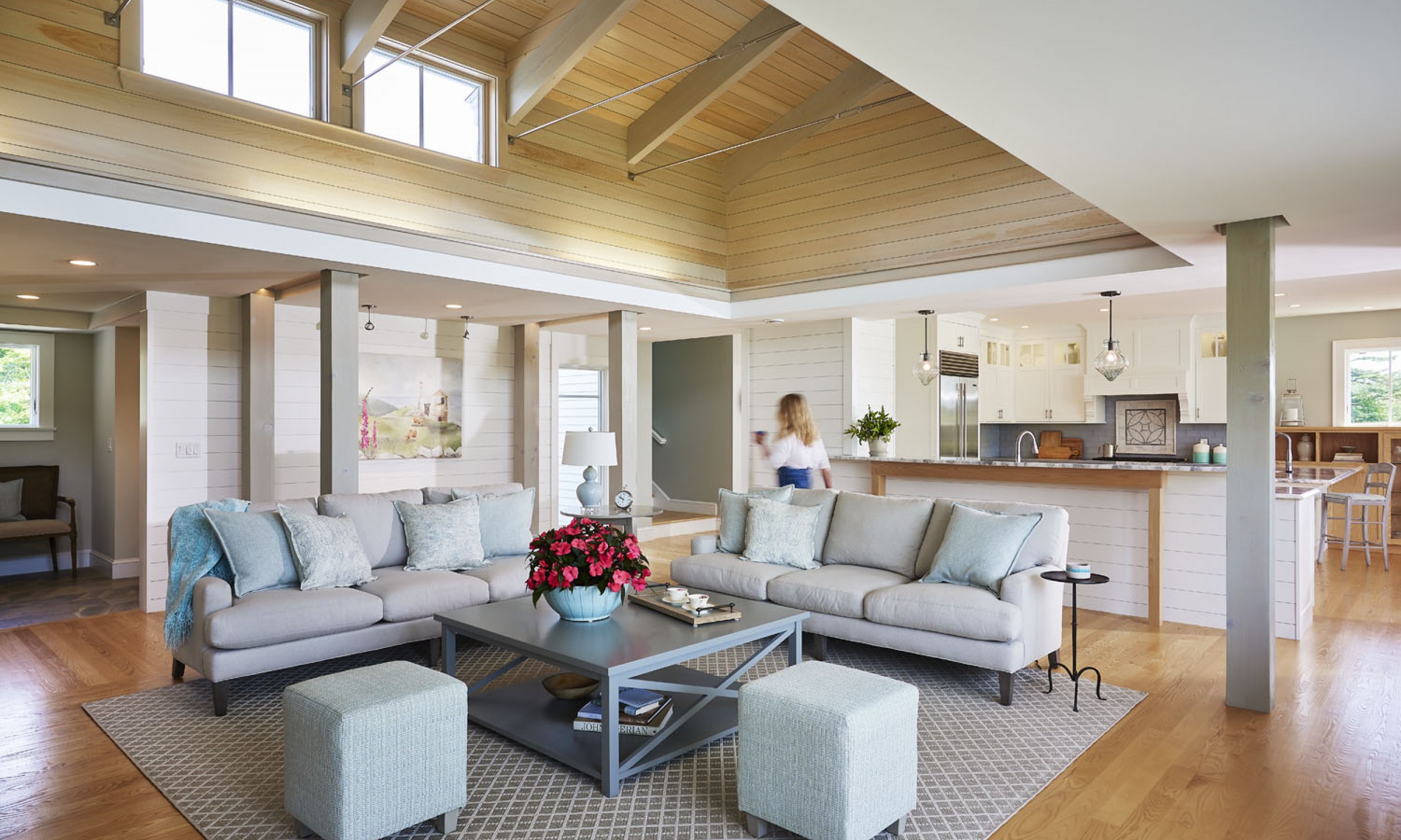 Living Room, wood ceiling, cathedral ceiling, uplighting, clerestory windows, Maine Architect