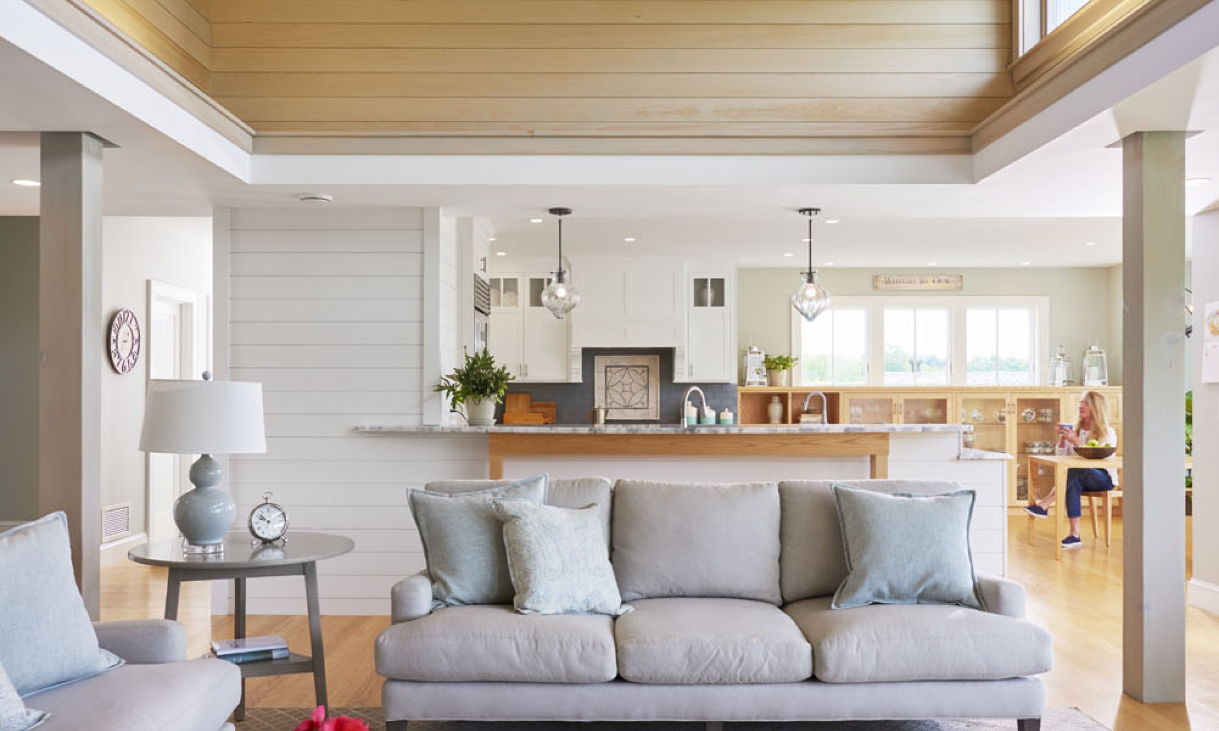 Living Room, wood ceiling, high windows, Maine Architect