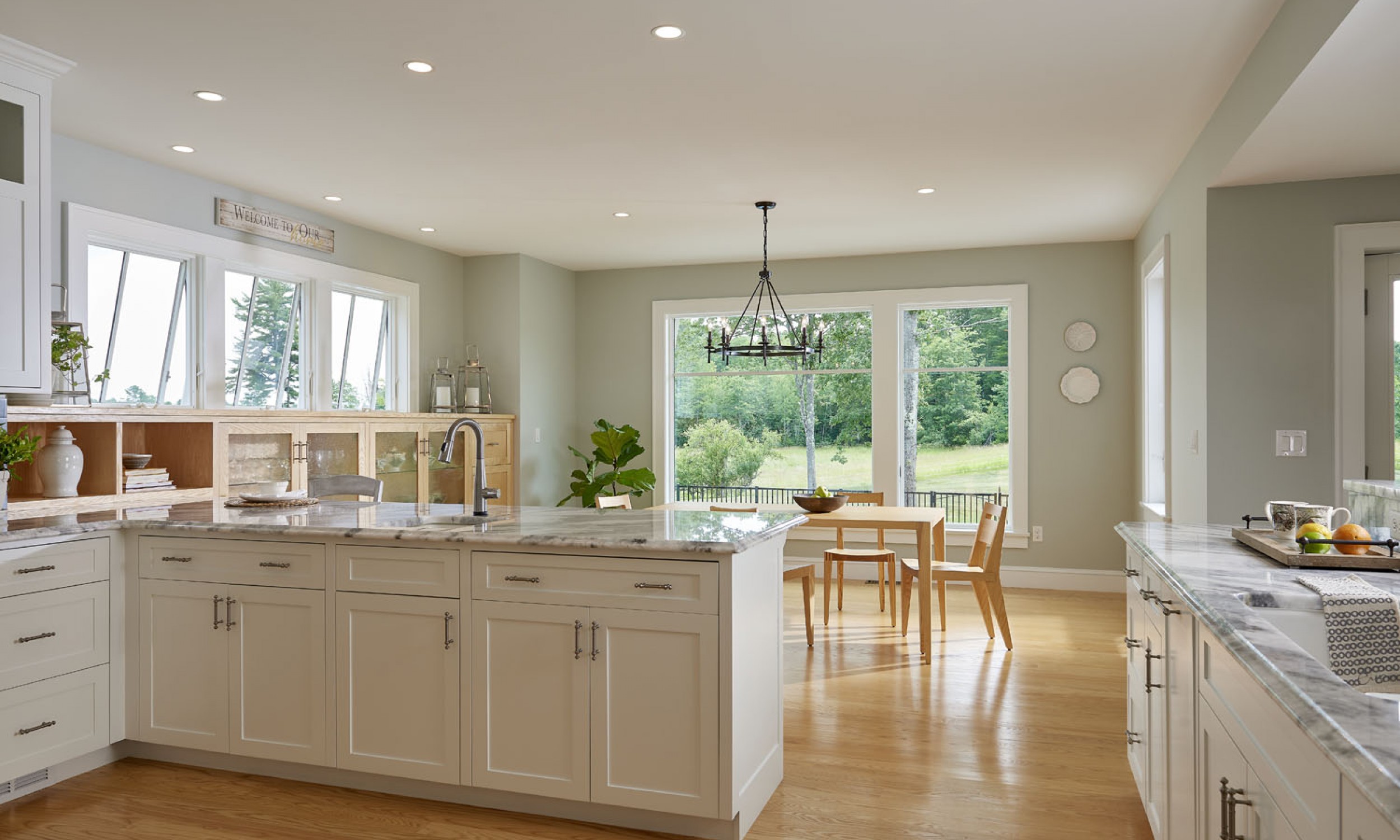 Kitchen, Tula table, Angela Adams, natural light, open kitchen, ash flooring, Maine Architect