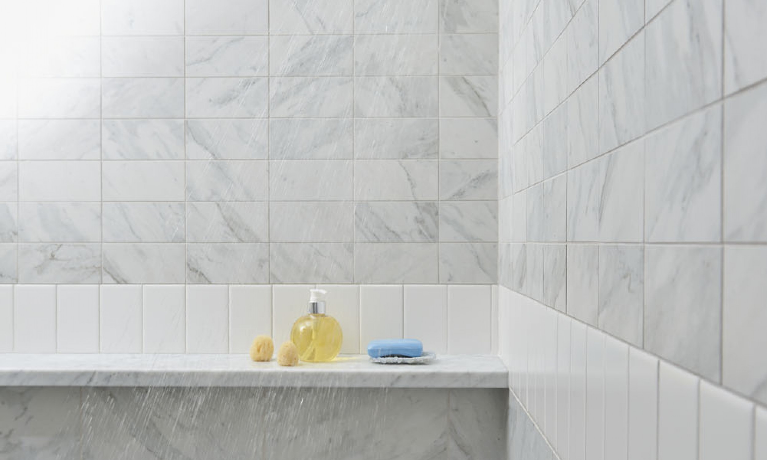 Tiled shower, carrara marble shelf, porcelain tile, Maine Architect