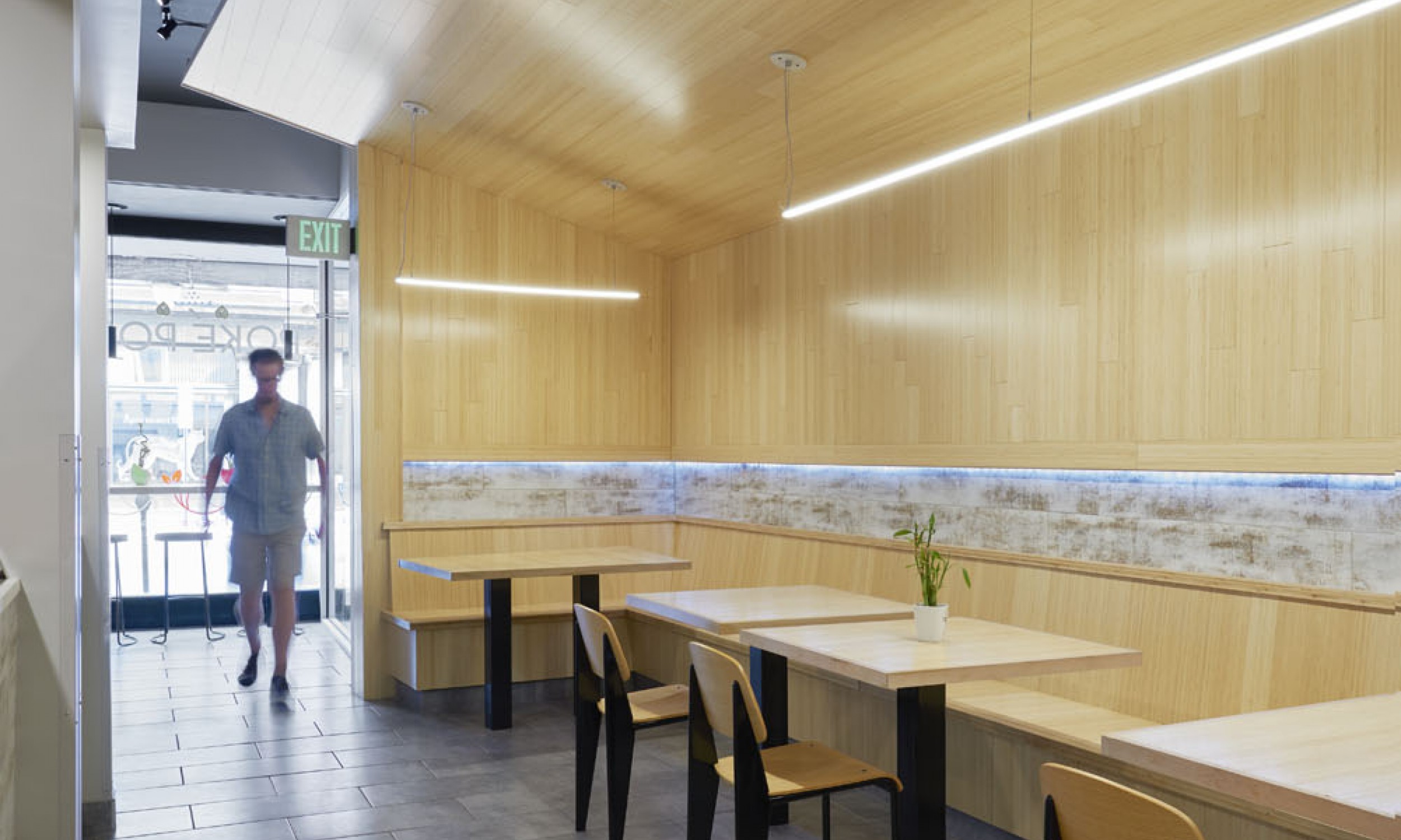 Custom bamboo tables, bamboo finishes, LED light strip, Floating ceiling, Maine Architect