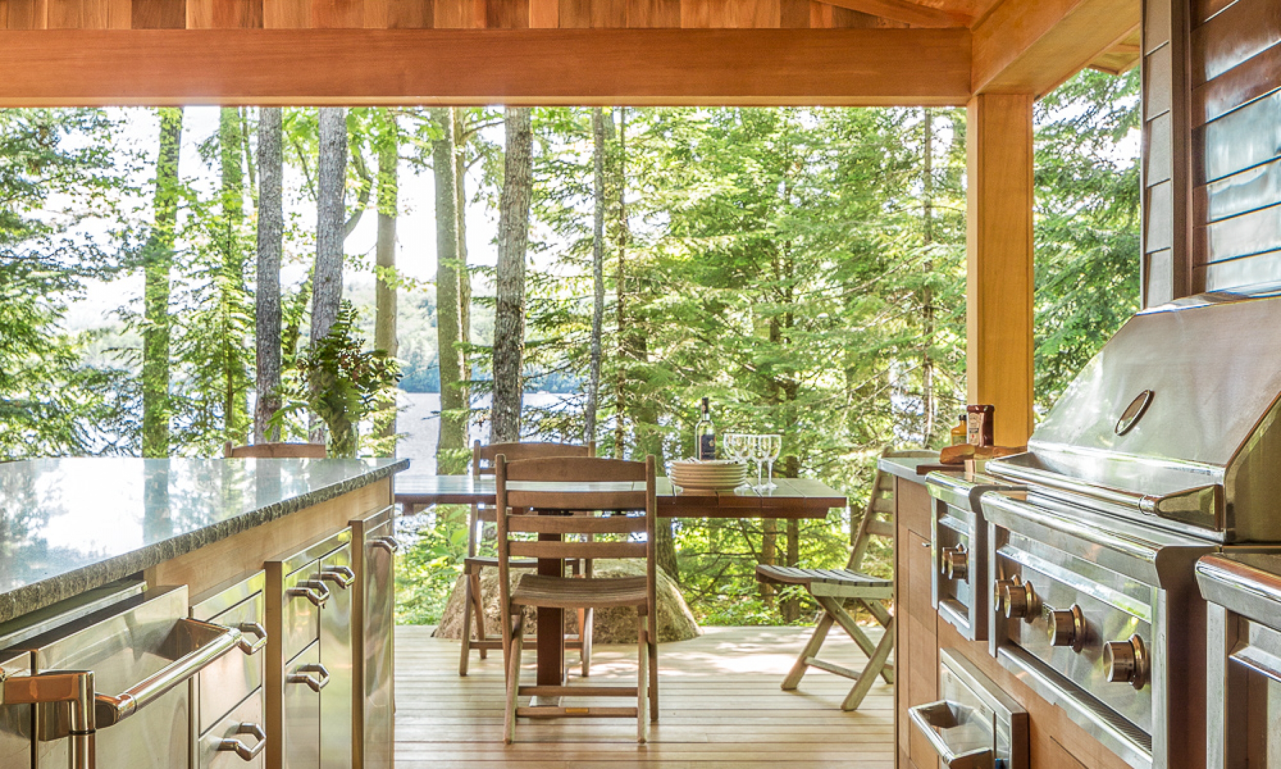 Outdoor Kitchen Lynx grill, cedar finishes, ipe decking, maine architect, new england architecture
