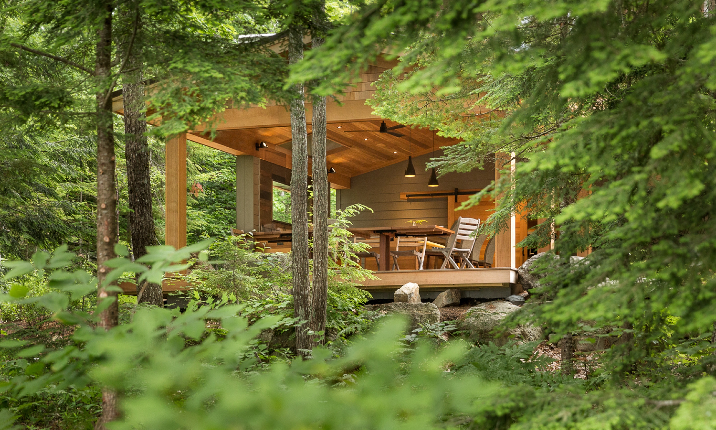 View from the water natural living, outdoor design, natural cedar, pavilion, maine architect