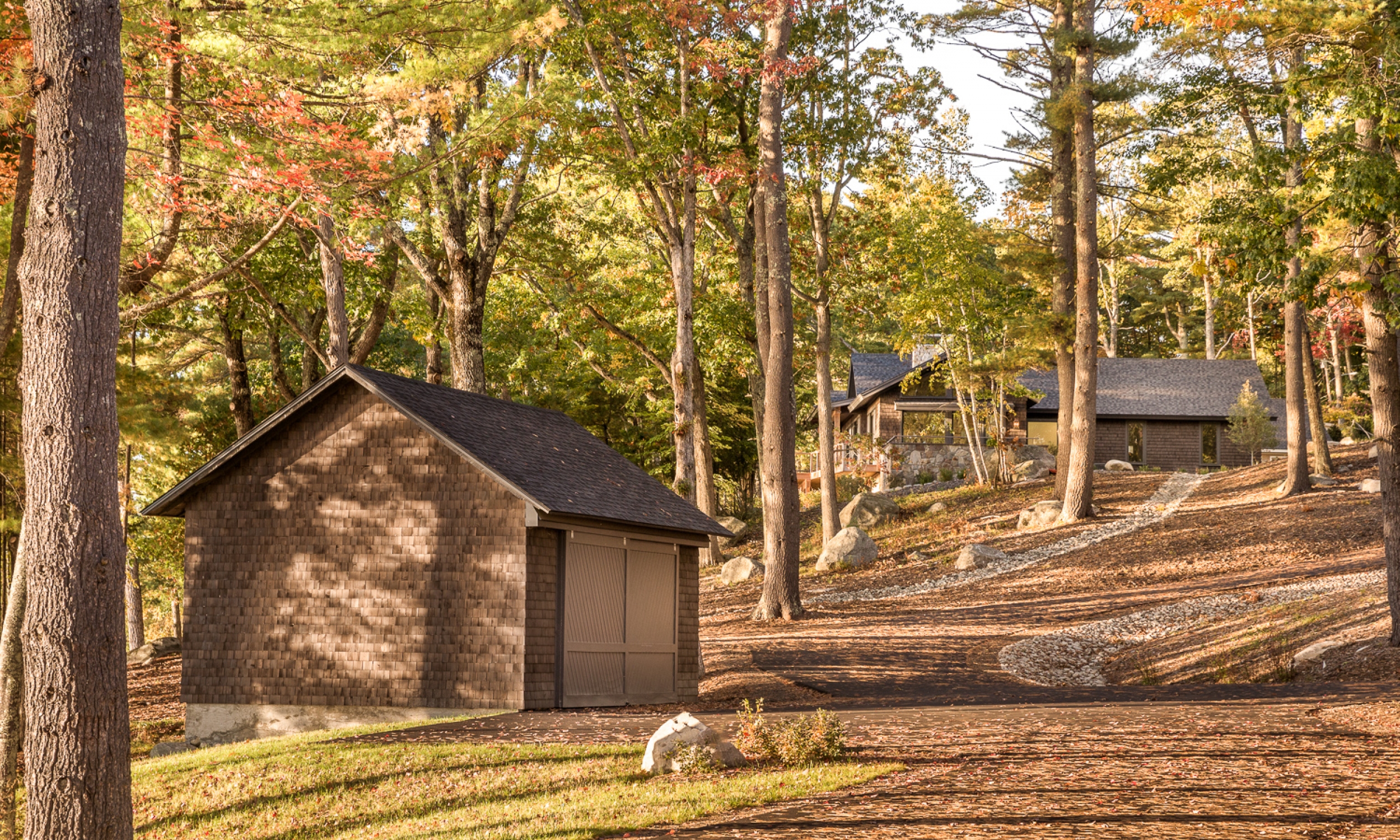 View from Entrance to the property Lake front property, New England architecture, Maine Architect