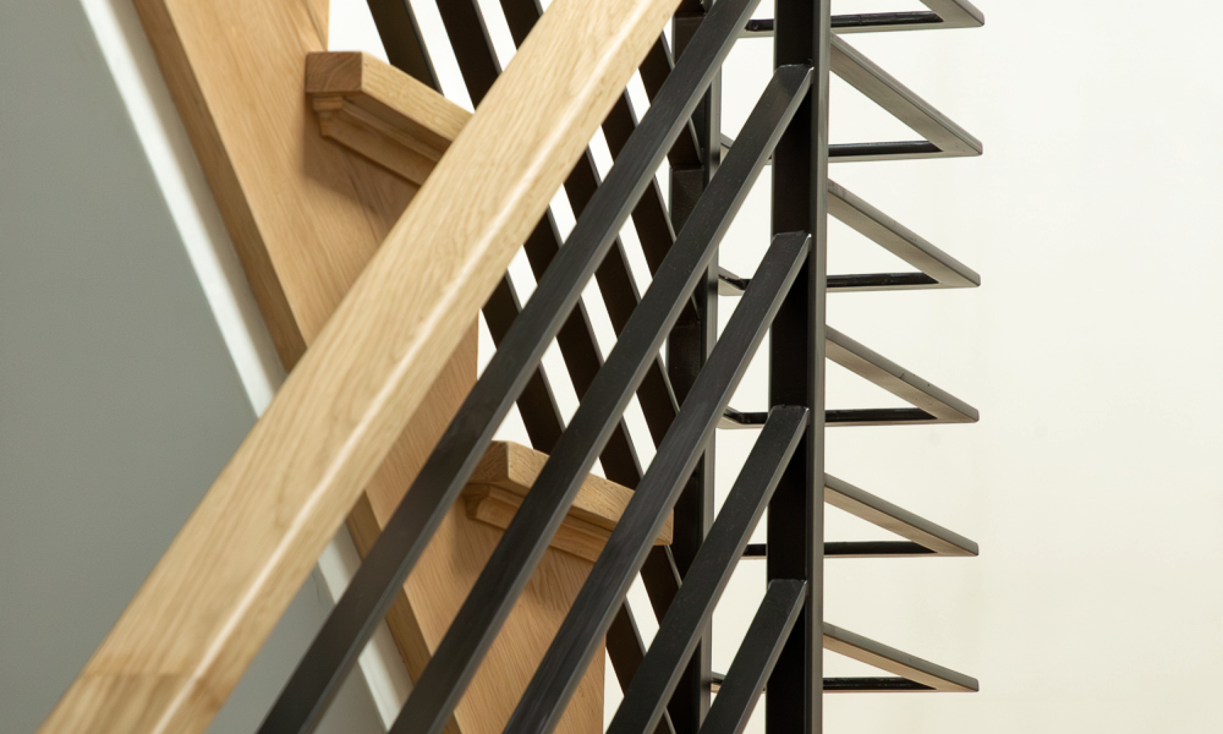 Stair detail metal work, stair, white oak, fabrication
