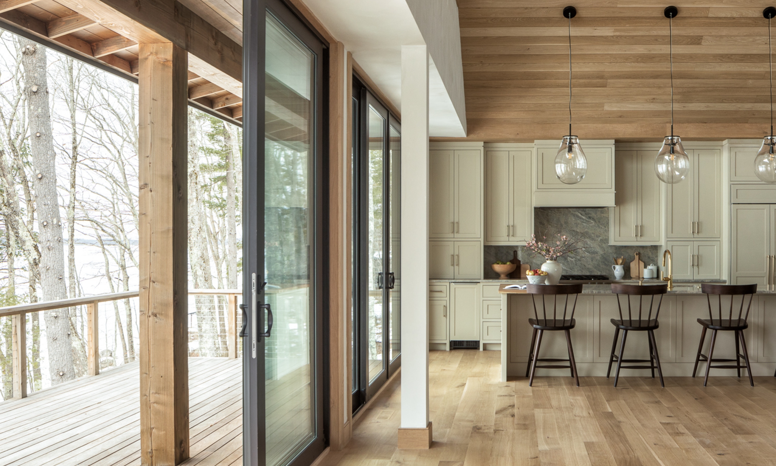 Connection to outside sliding doors, maine architecture, treehouse, big doors, open plan