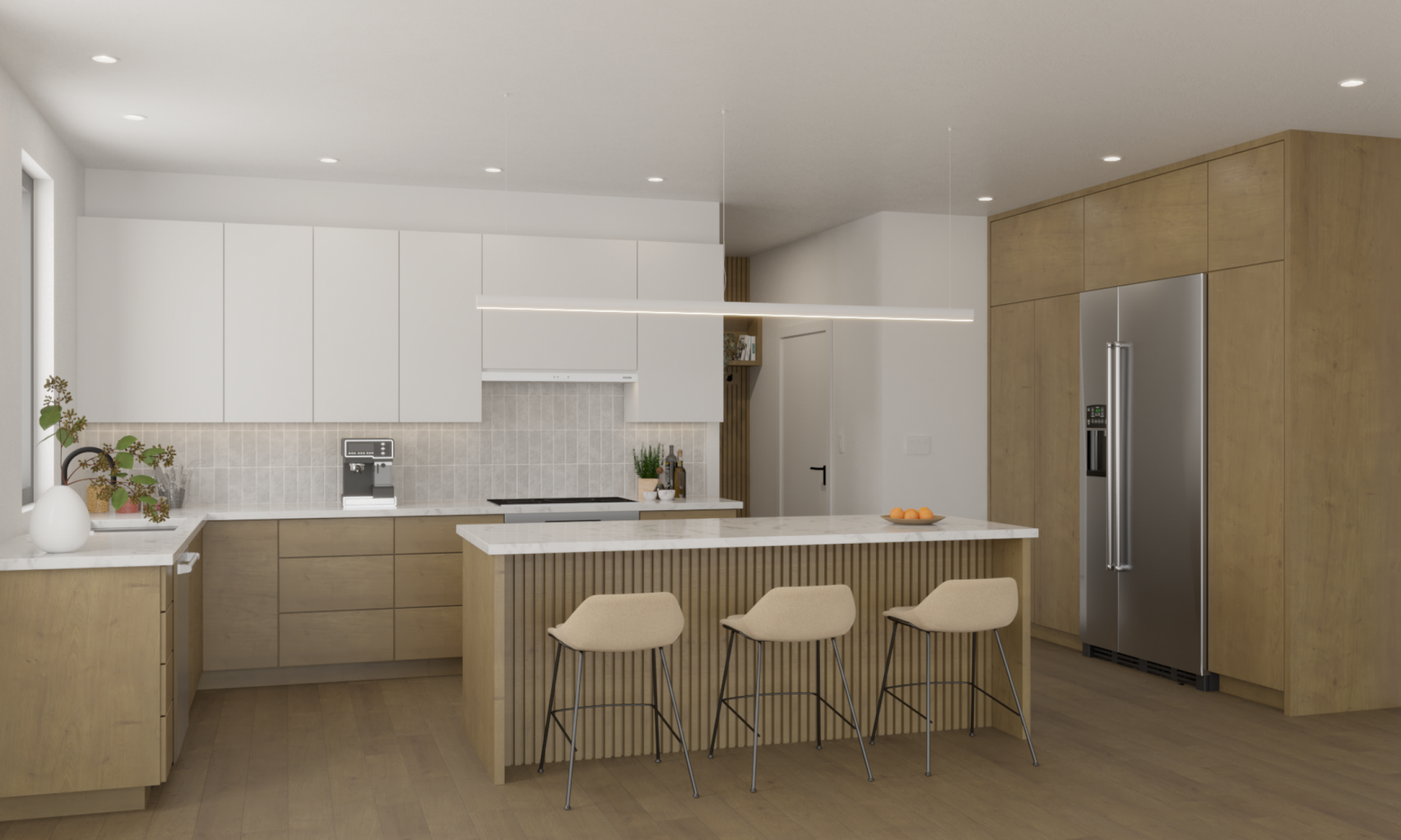 white oak kitchen, white and wood, architecture, interior design