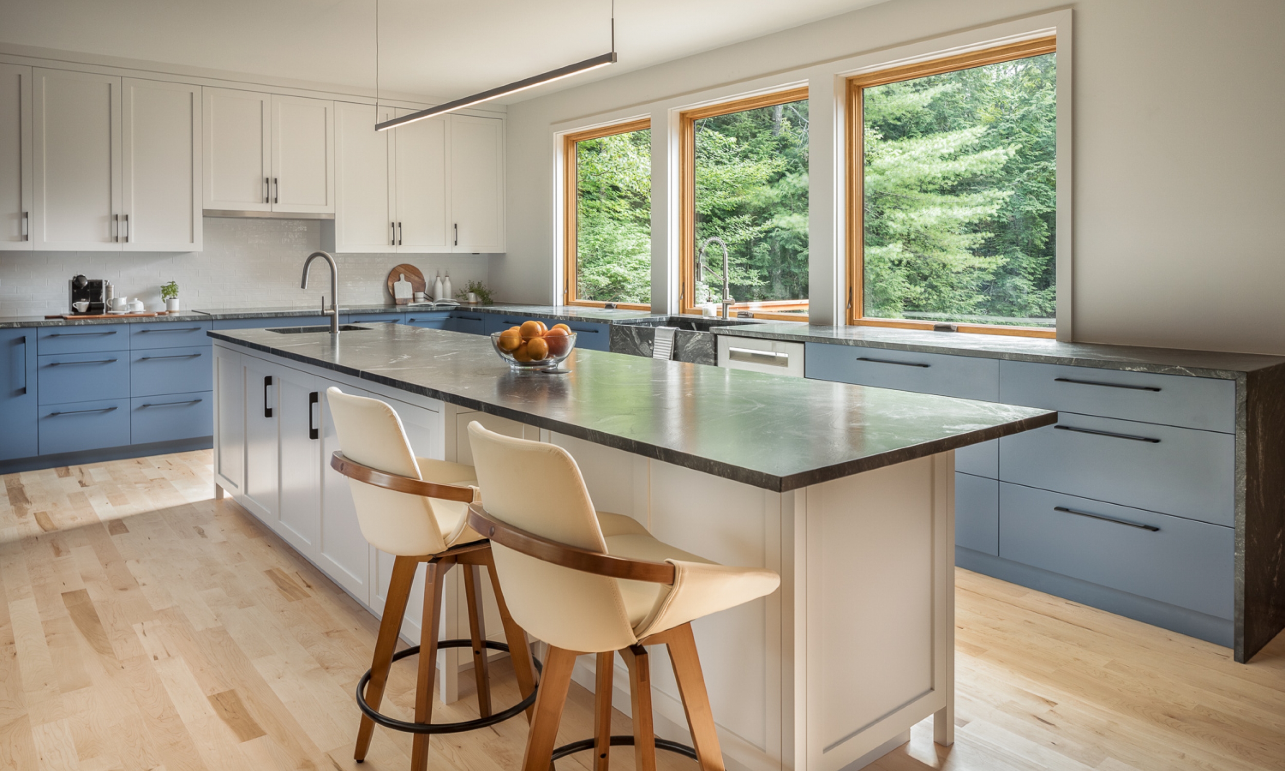 renovated kitchen, maine architecture, stone counters, custom kitchen, big windows