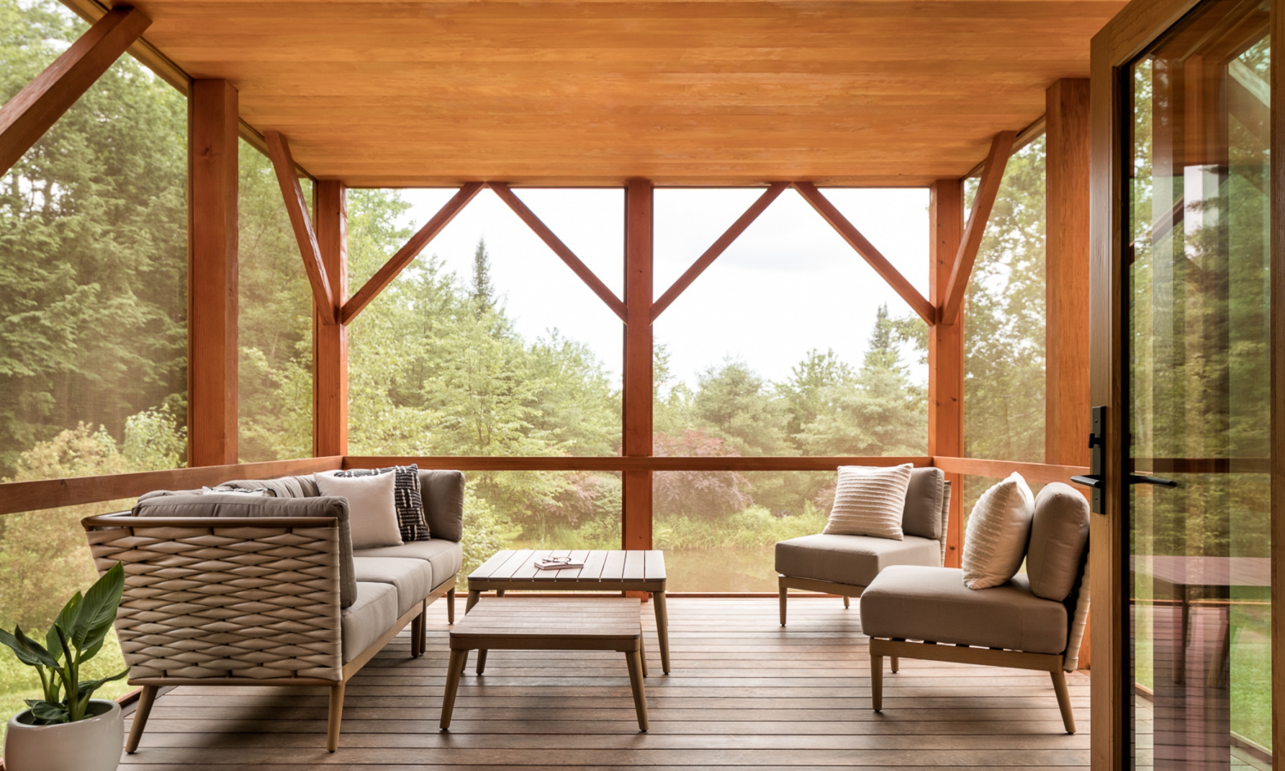 Screened porch, cedar finish, ipe decking, maine architecture