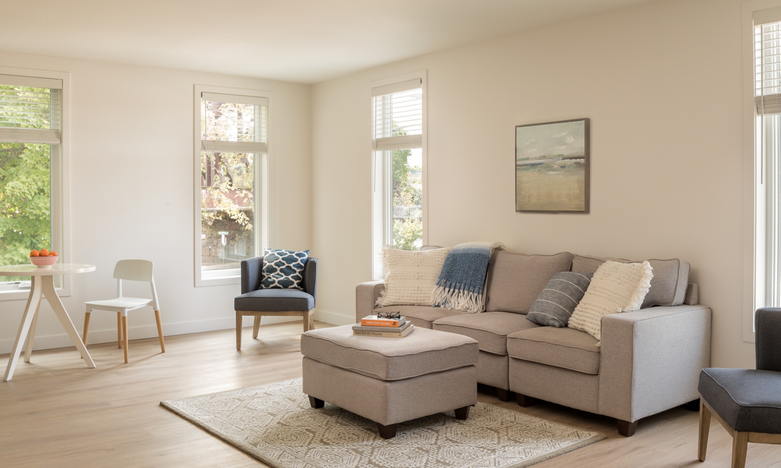Apartment interior, tall windows, modern spaces, maine architect, Marvin windows