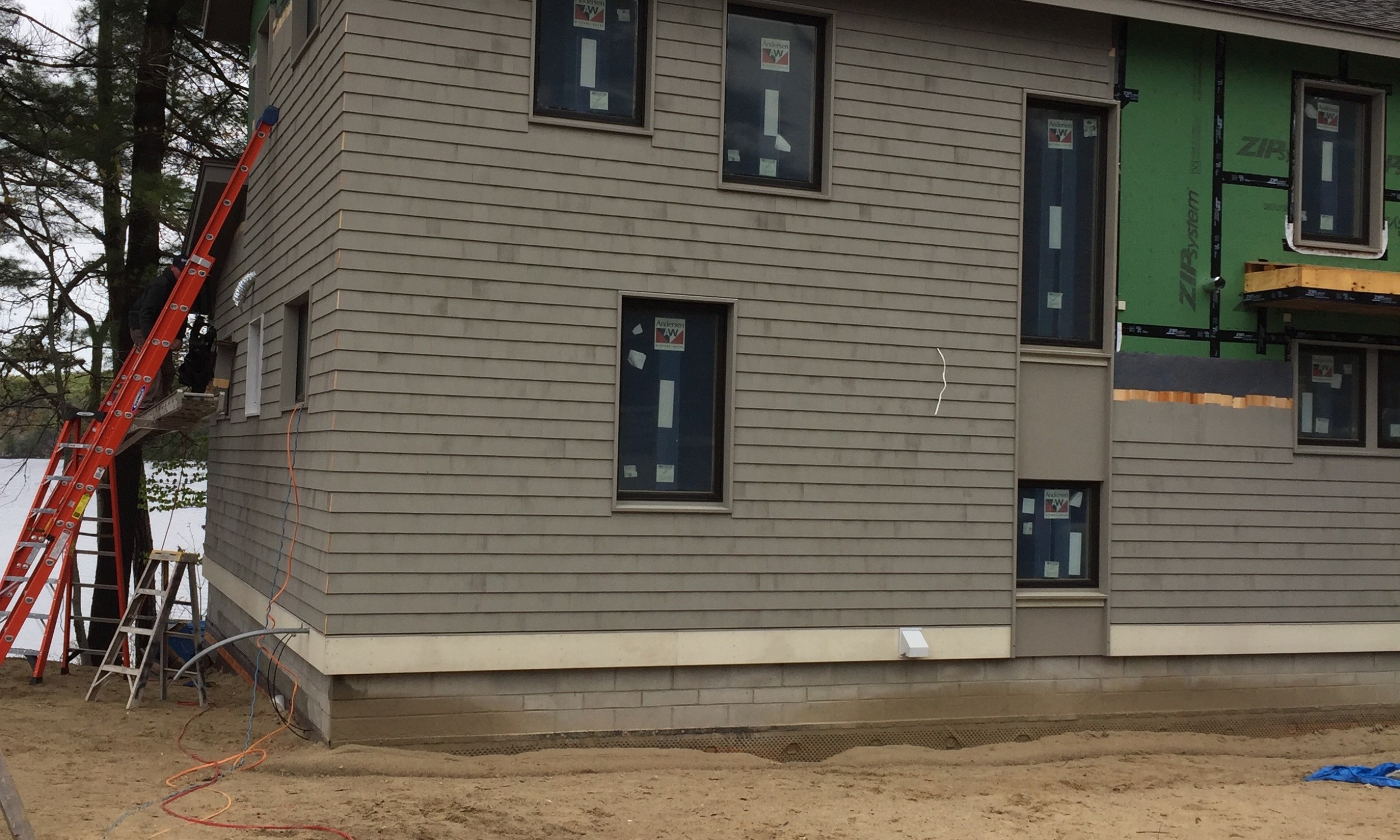 Siding installation, cedar shingles, Andersen windows, Maine Architect