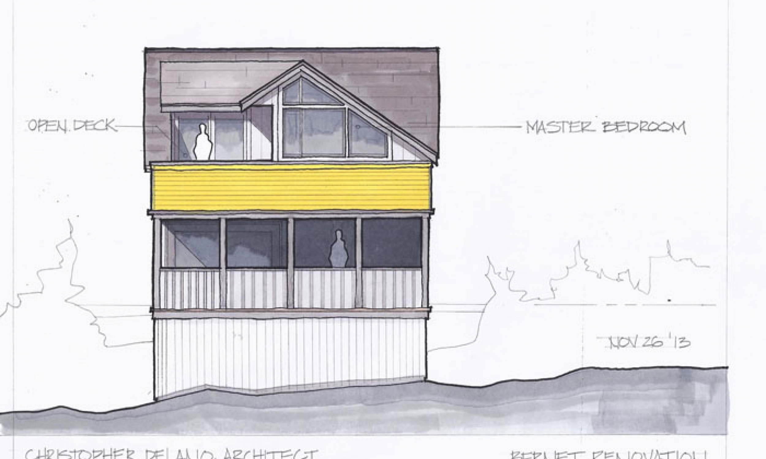 Design B- Hand Rendering Cottage Renovation, Maine Architect, Waterfront deck