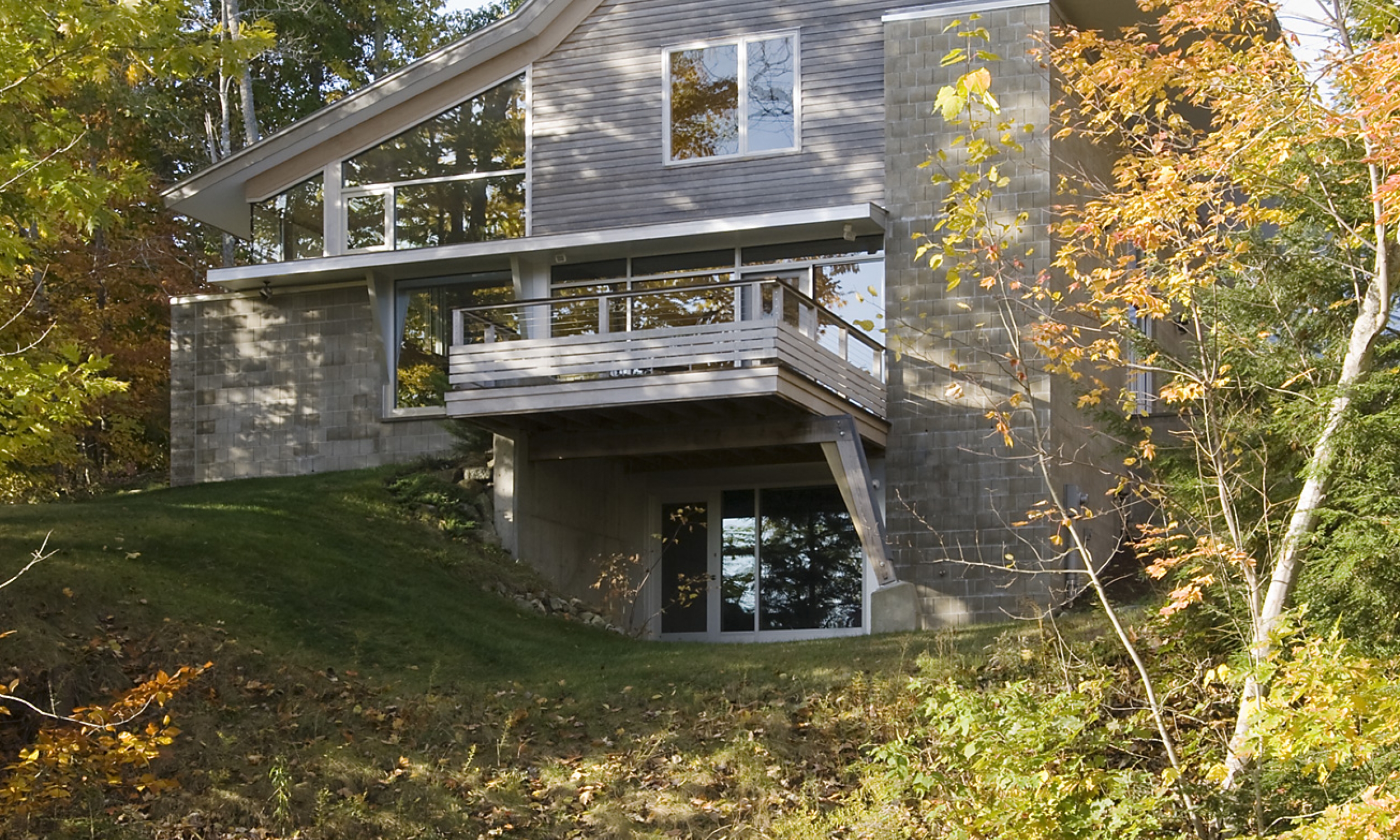 East Elevation Lake elevation, East elevation, Waterfront home, Maine Architect, Cable railing, cedar siding