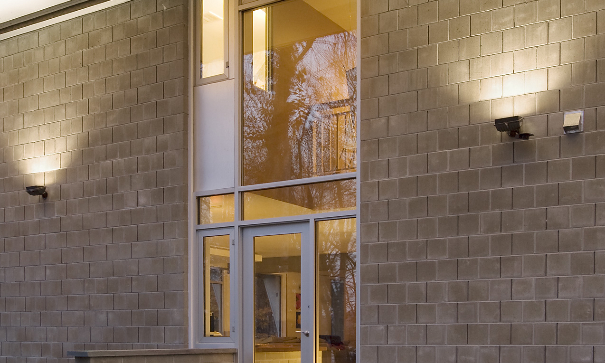 House Entrance Entrance, Concrete blocks, Maine Architect, Storefront windows, uplights, concrete