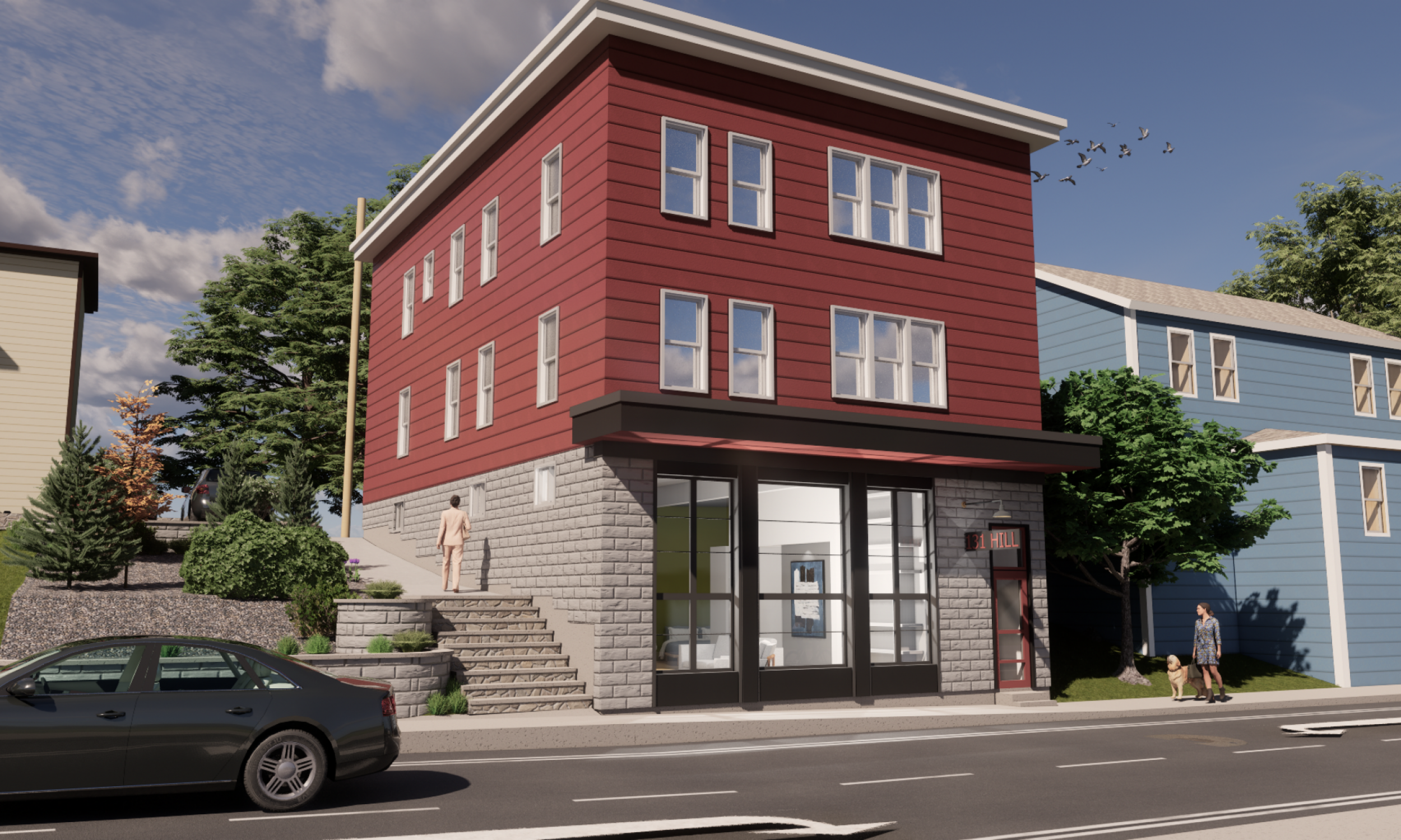 Streetscape 2 Exterior rendering, storefront, maine architect, adaptive reuse