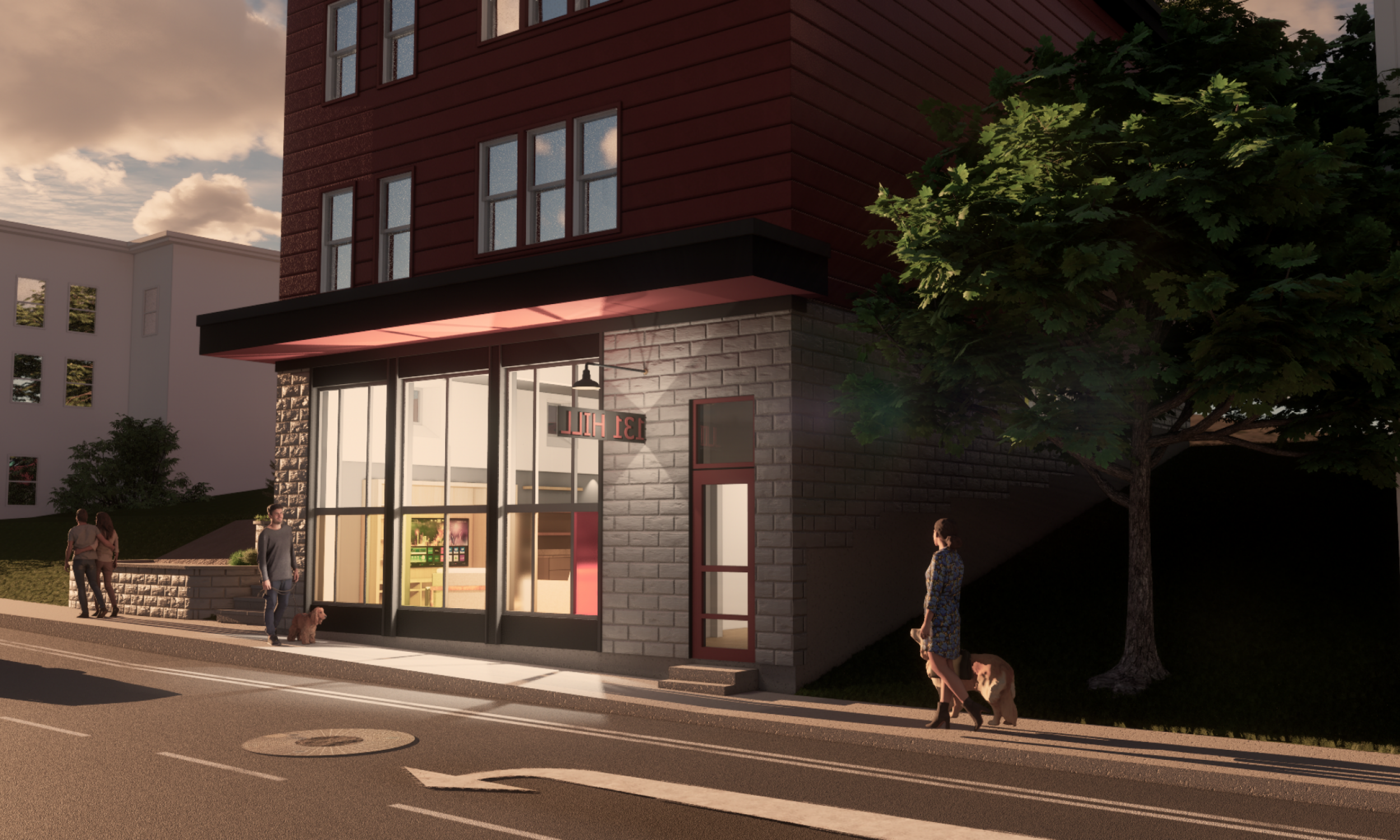 Streetscape 3 Architectural rendering, night time rendering, maine architect, storefront