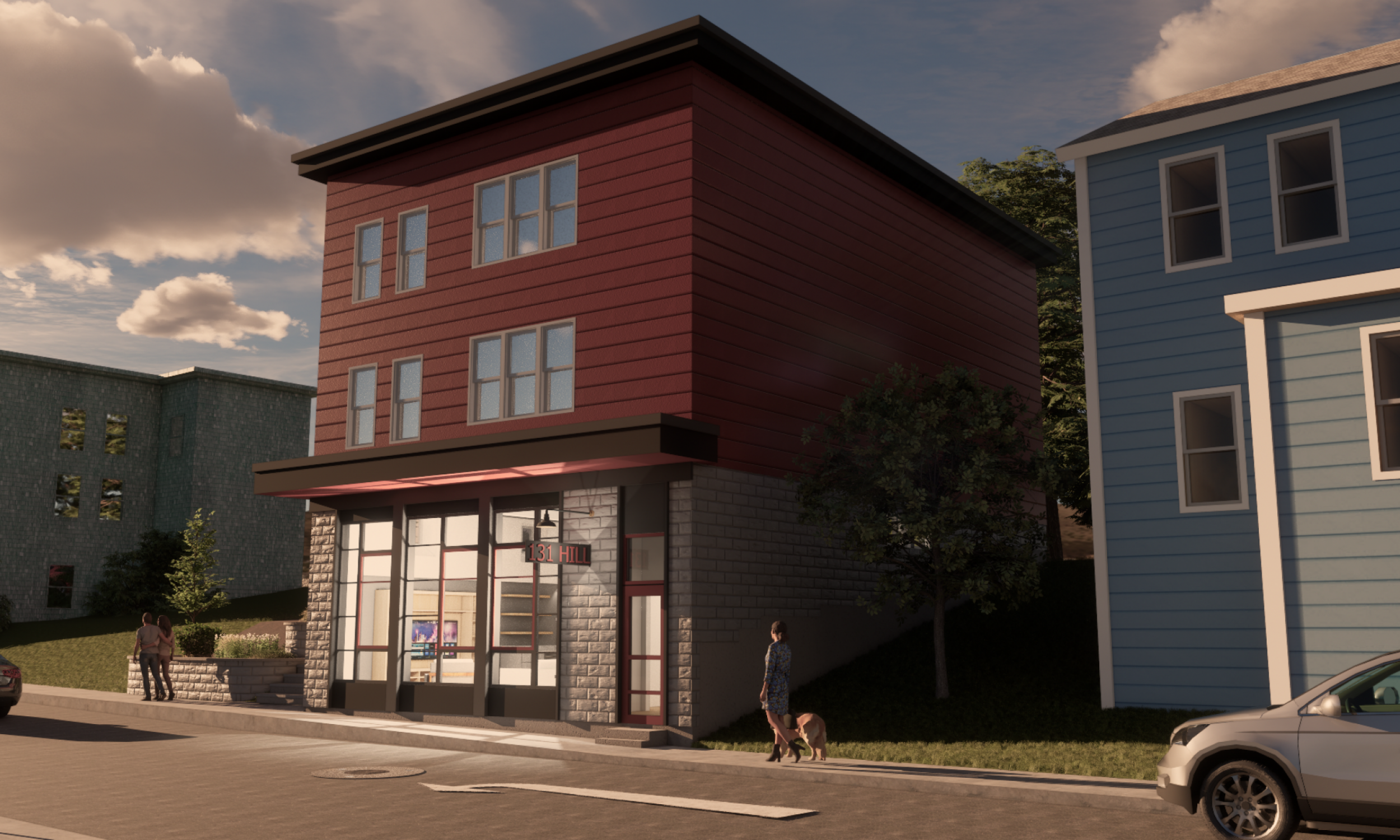 Night view Exterior rendering, storefront, maine architecture, adaptive reuse
