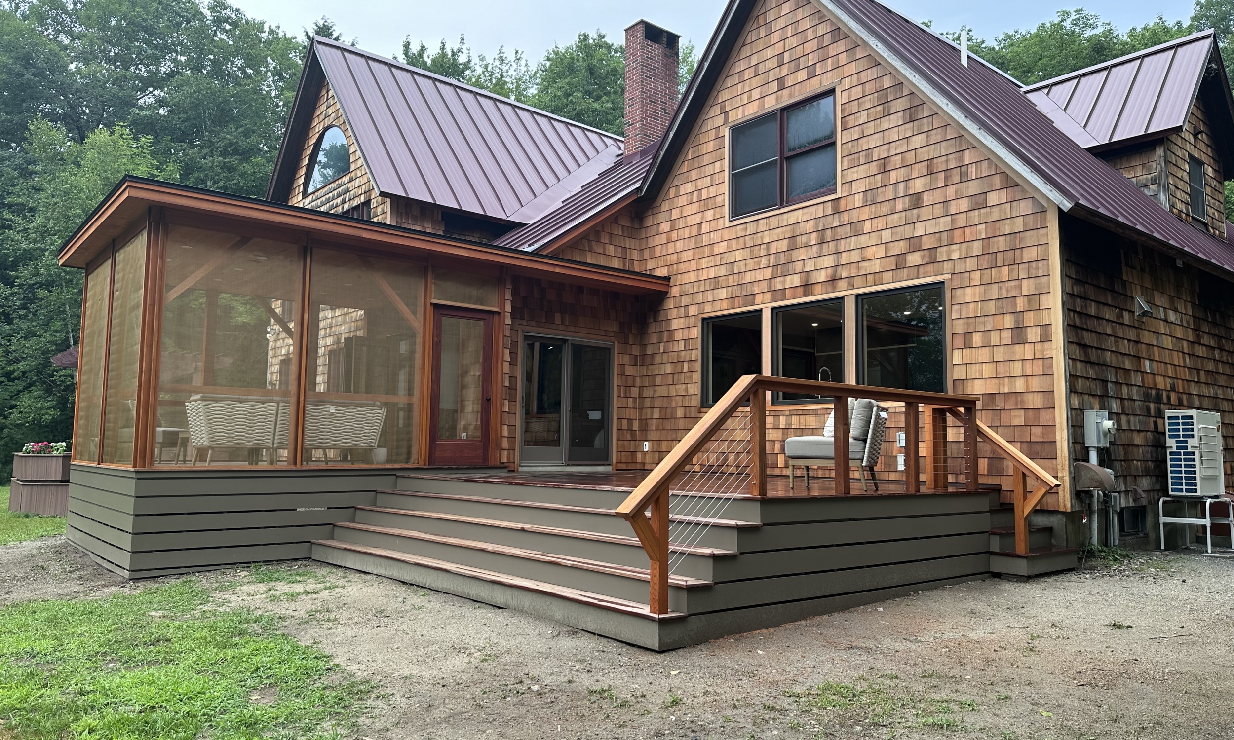 Deck, ipe decking, cedar rail, cedar shingles, screened porch, design