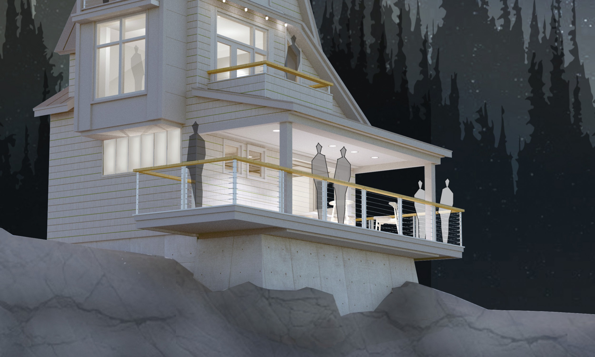 Night rendering, Maine Architect, Waterfront home, AIA unbuilt awards winner
