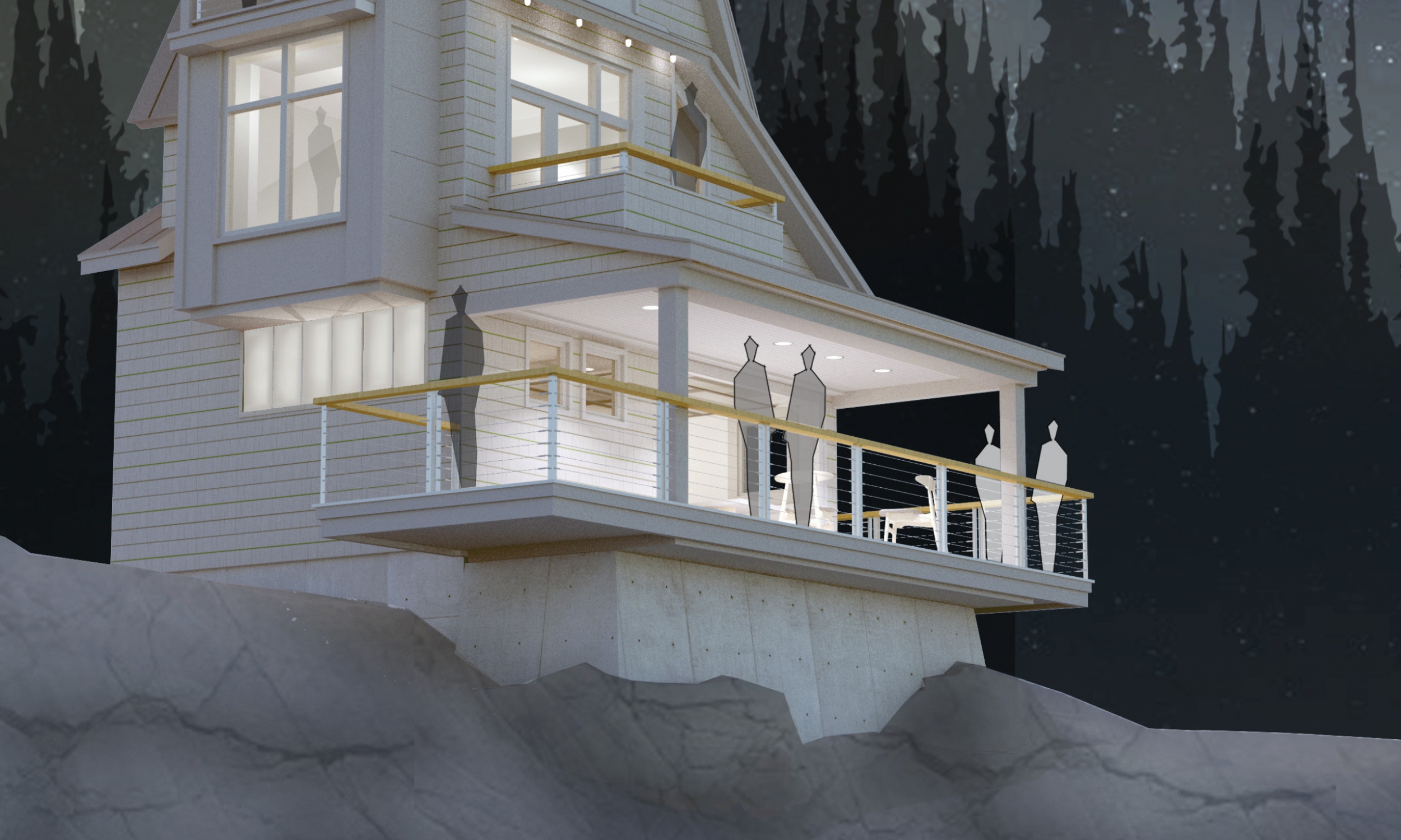 Five Islands rendering Night rendering, Maine Architect, Waterfront home, AIA unbuilt awards winner
