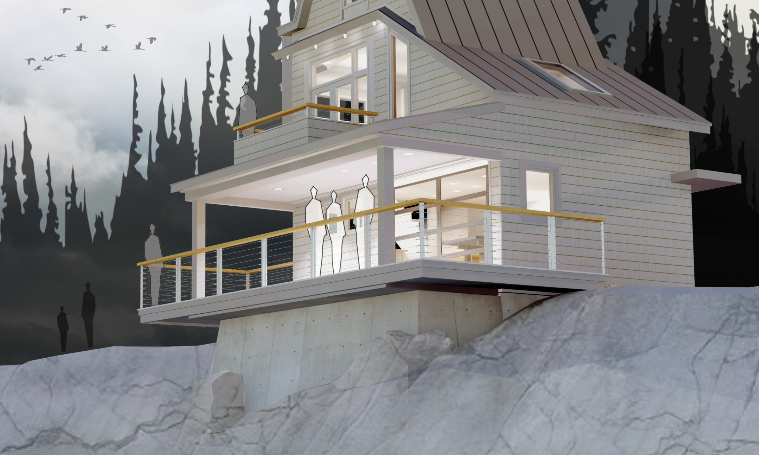 Five Islands rendering Ocean front rendering, Maine Architect, AIA unbuilt awards winner
