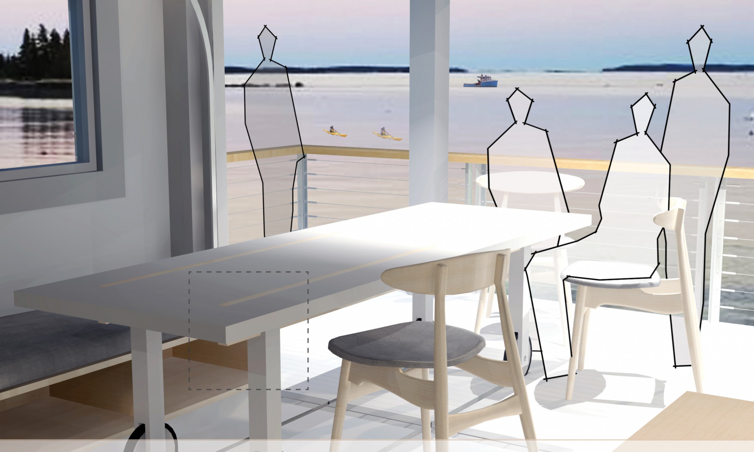 ocean front rendering, Maine architect, cottage interior, sliding dining room table, sliding glass wall