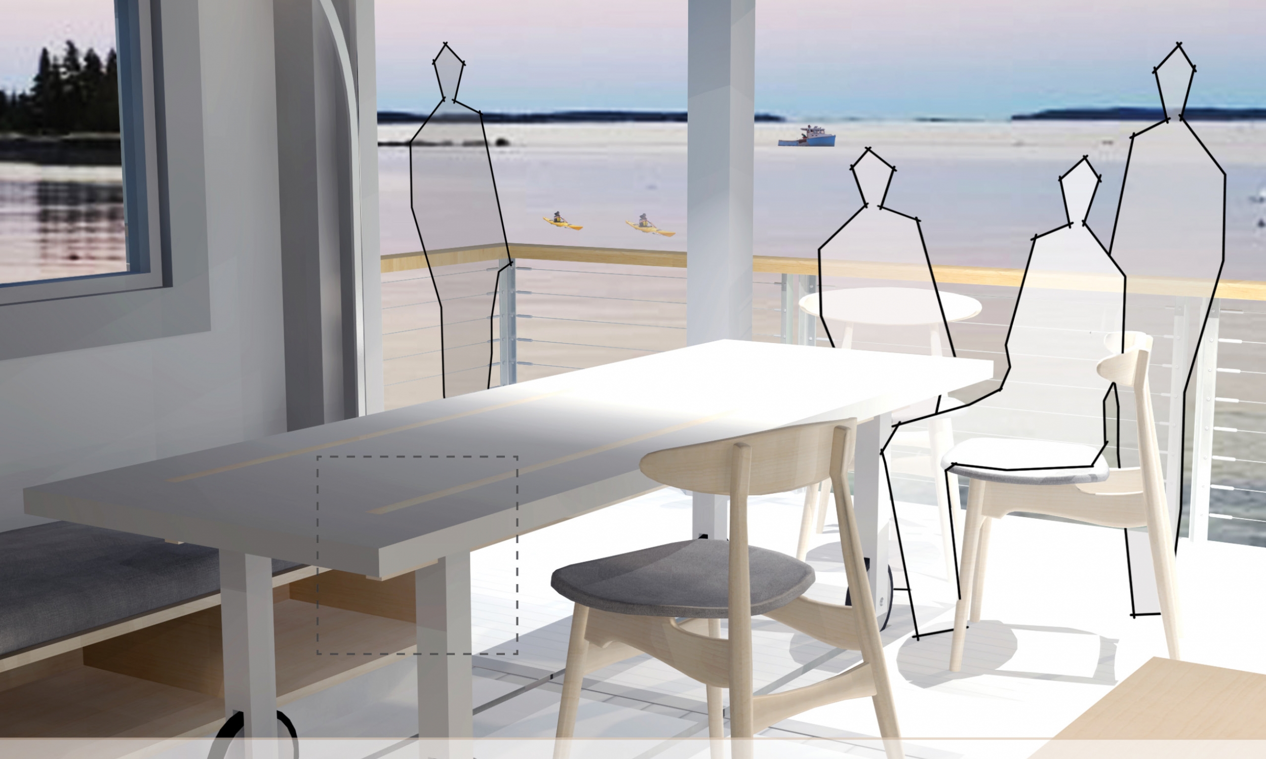 Five Islands sliding table ocean front rendering, Maine architect, cottage interior, sliding dining room table, sliding glass wall