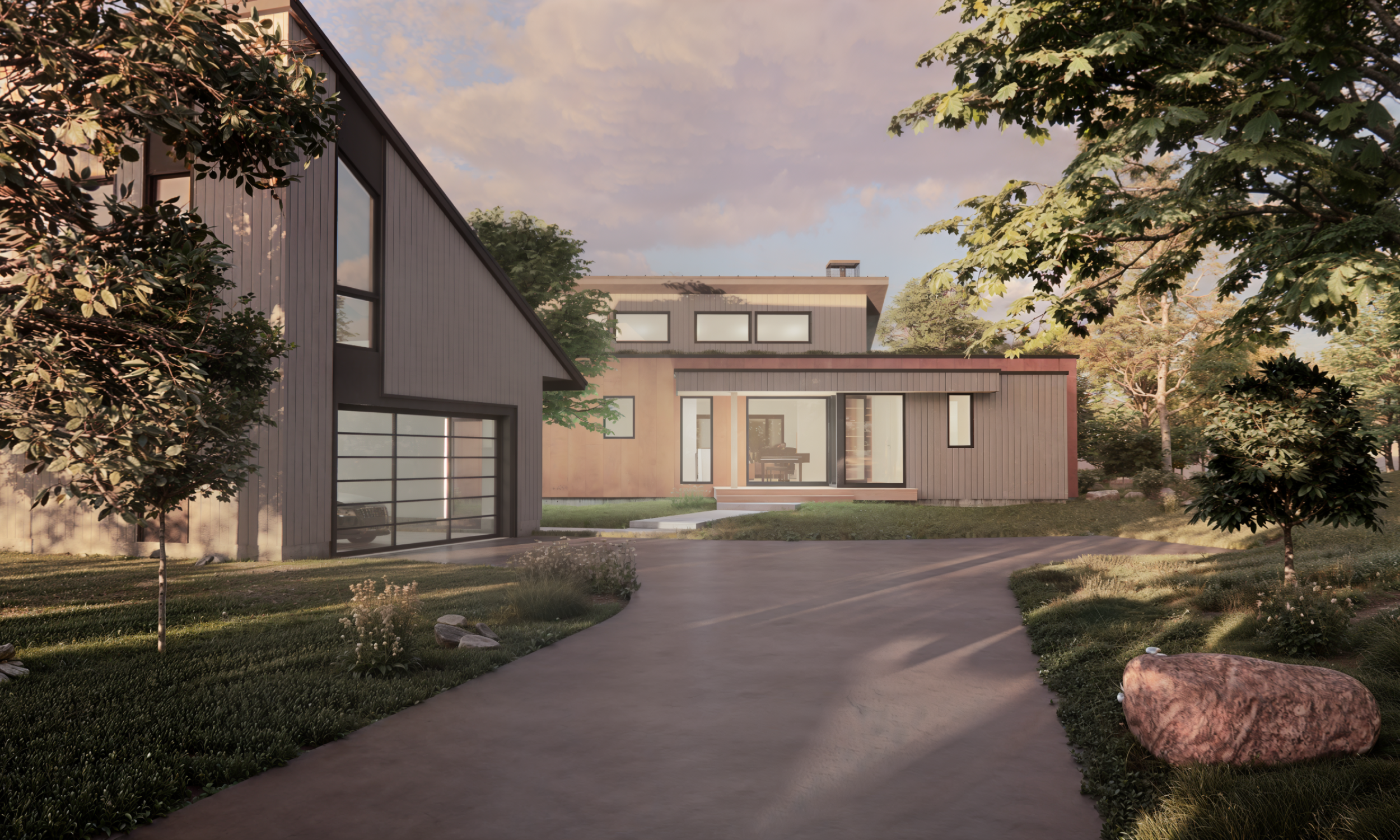 Front Entry, Ranch style, wood siding, modern architecture, rendering