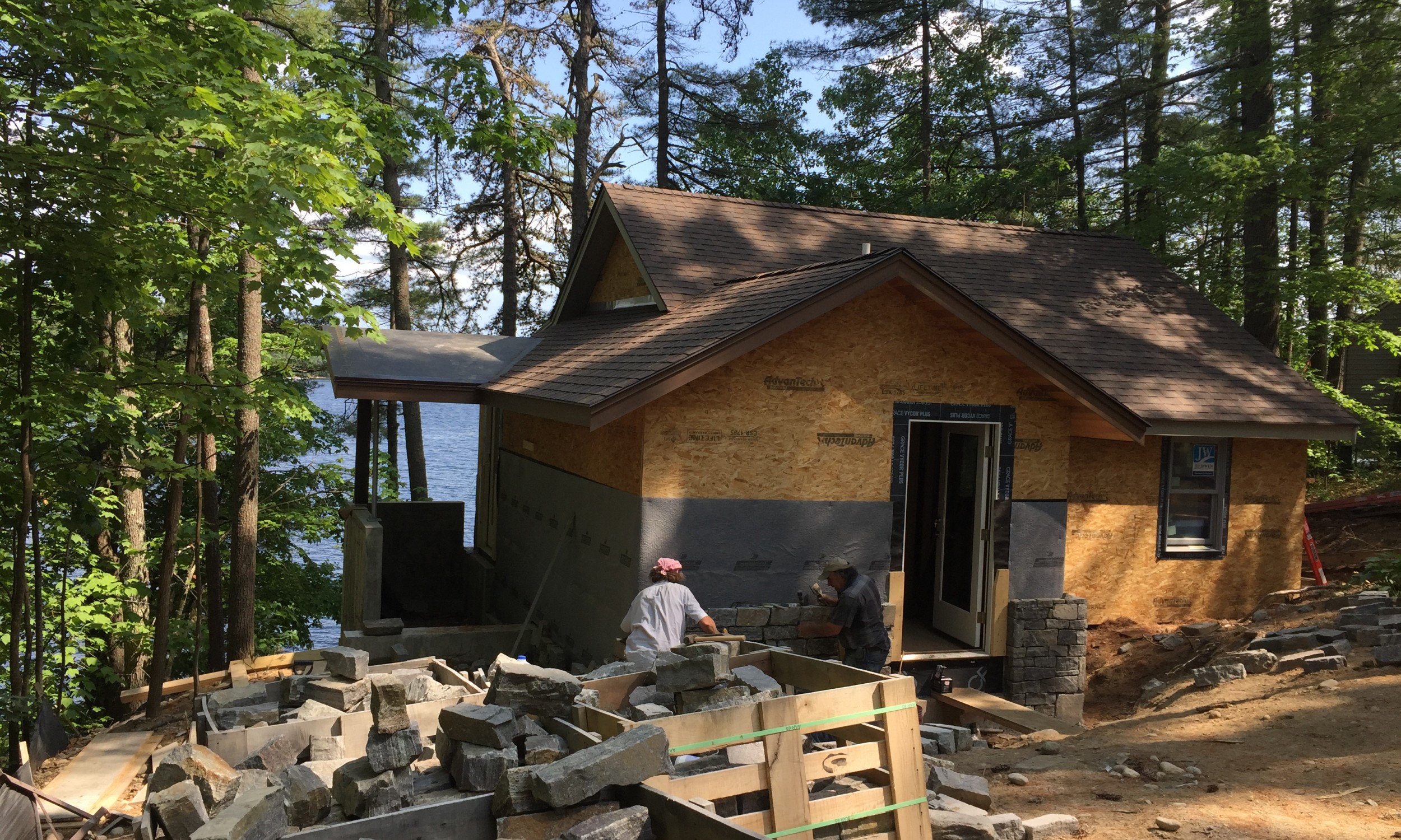 Construction Photo, Mortair Vent rainscreen, Maine Architect, stone veneer