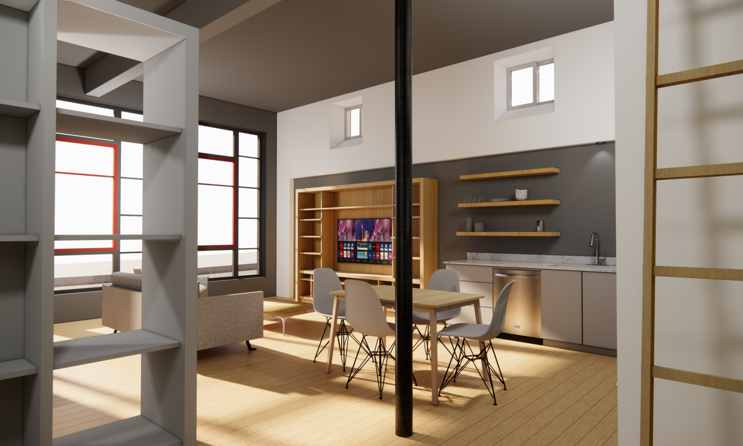 Design rendering, open space, loft, apartment, architect