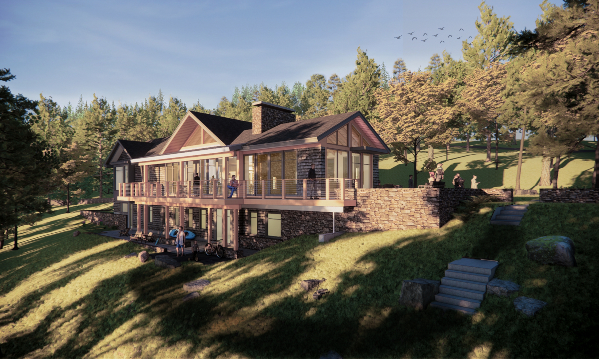 Waterside Rendering A Maine Architecture, Waterfront Home, Lake Living, Stone Walls, Waterfront Deck