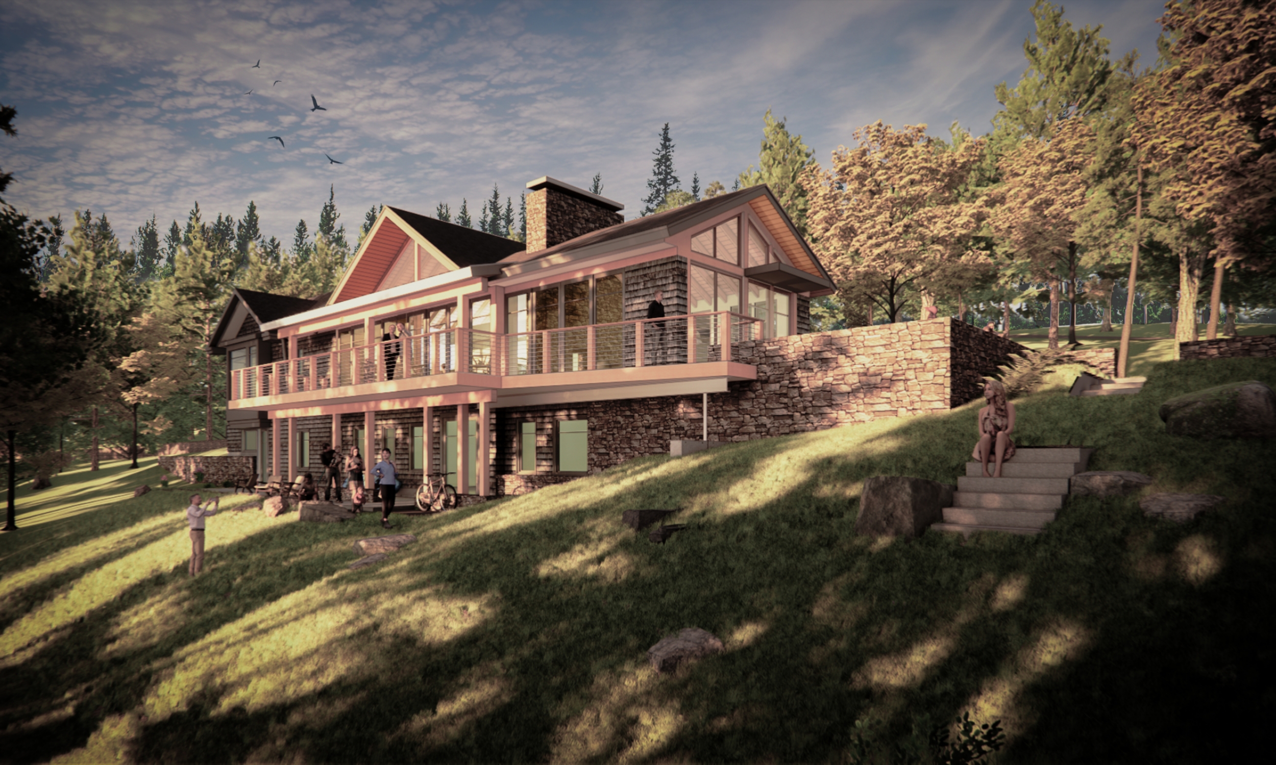 Waterside Rendering B Waterfront home, Maine Architect, Lake living, Sliding Doors, cedar shingles