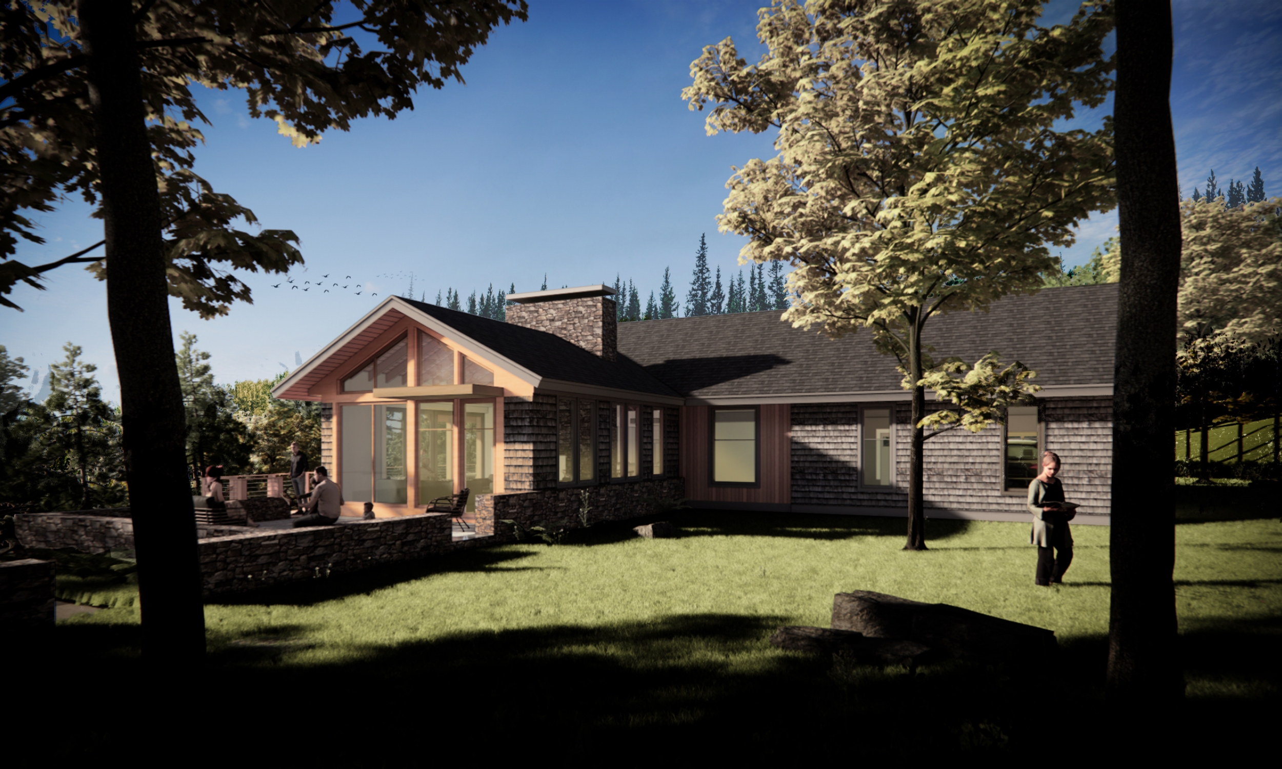 South Rendering at Patio Waterfront Homes, Lodge style, cedar shingles, Natural Light